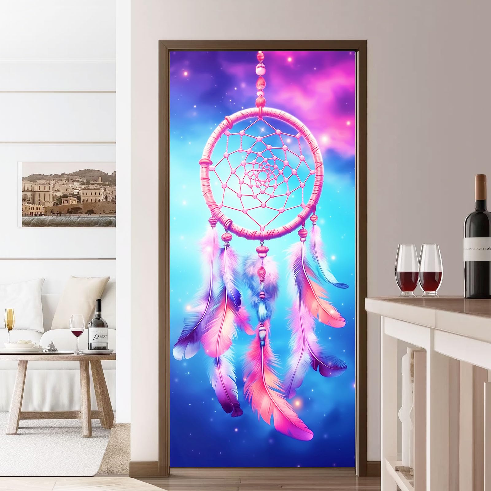 Galaxy Dreamcatcher 3D mural na drzwi, samoprzylepny, fantazyjny kosmos, wszechświat, sztuka, usuwalne murale, naklejki na drzwi, niebieskie naklejki z PCW, do sypialni, łazienki, biura, 95 x 215 cm