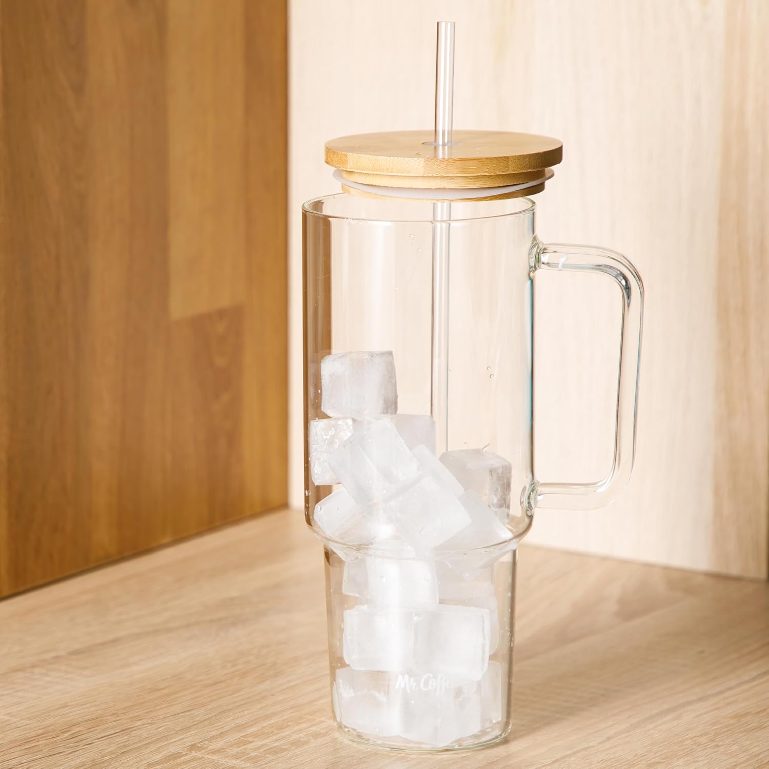 Mr. Coffee Crafted Calm 34 oz Borosilicate Glass Tumbler with Handle, Straw and Bamboo Lid, Iced Coffee Cup, BPA Free, Dishwasher Safe