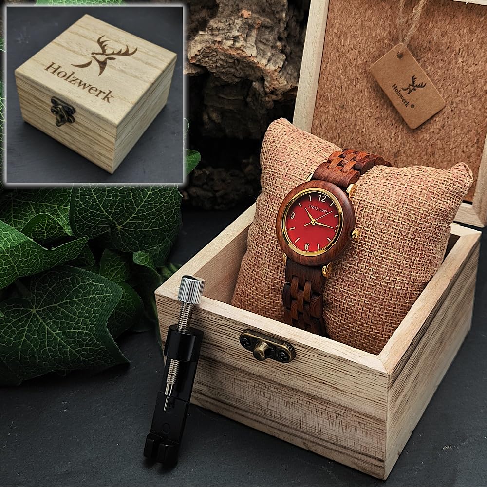 Ręcznie wykonany Holzwerk Germany® designerski zegarek damski ekologiczny naturalny drewniany zegarek brązowy złoty czerwony drewno zegarek analogowy klasyczny zegarek kwarcowy