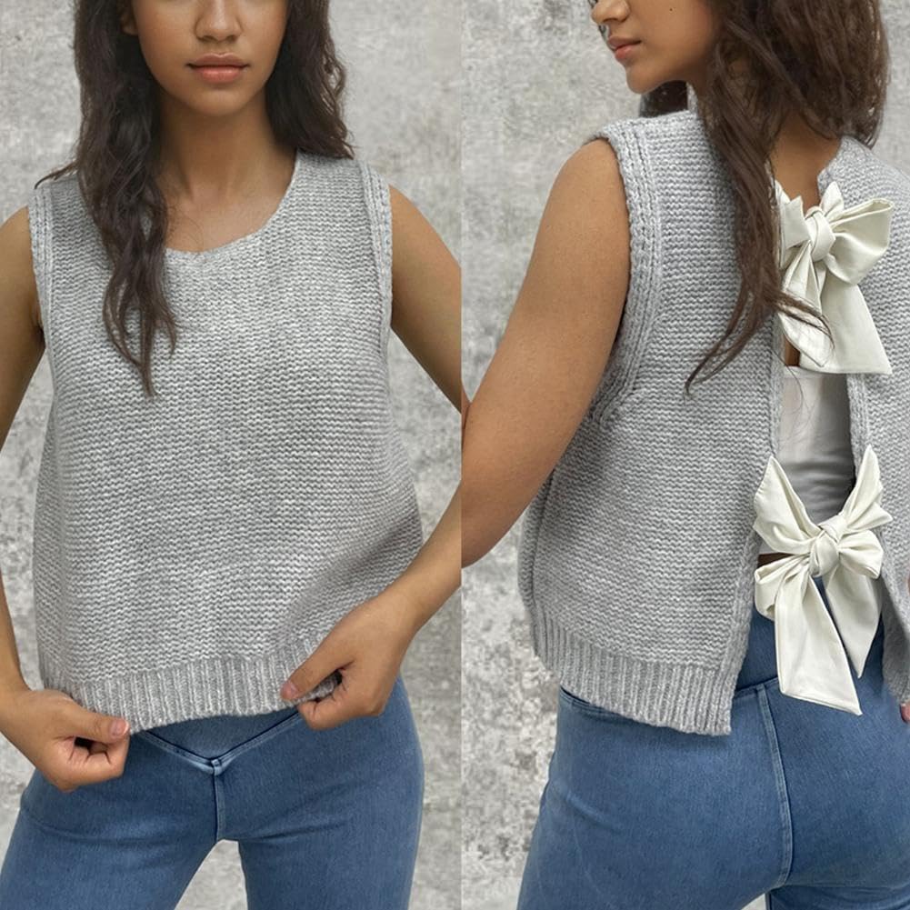 Sweter kamizelka top dla kobiet na co dzień krótki dzianinowy kardigan kamizelka muszka tył sweter tank topy bez rękawów moda dzianina