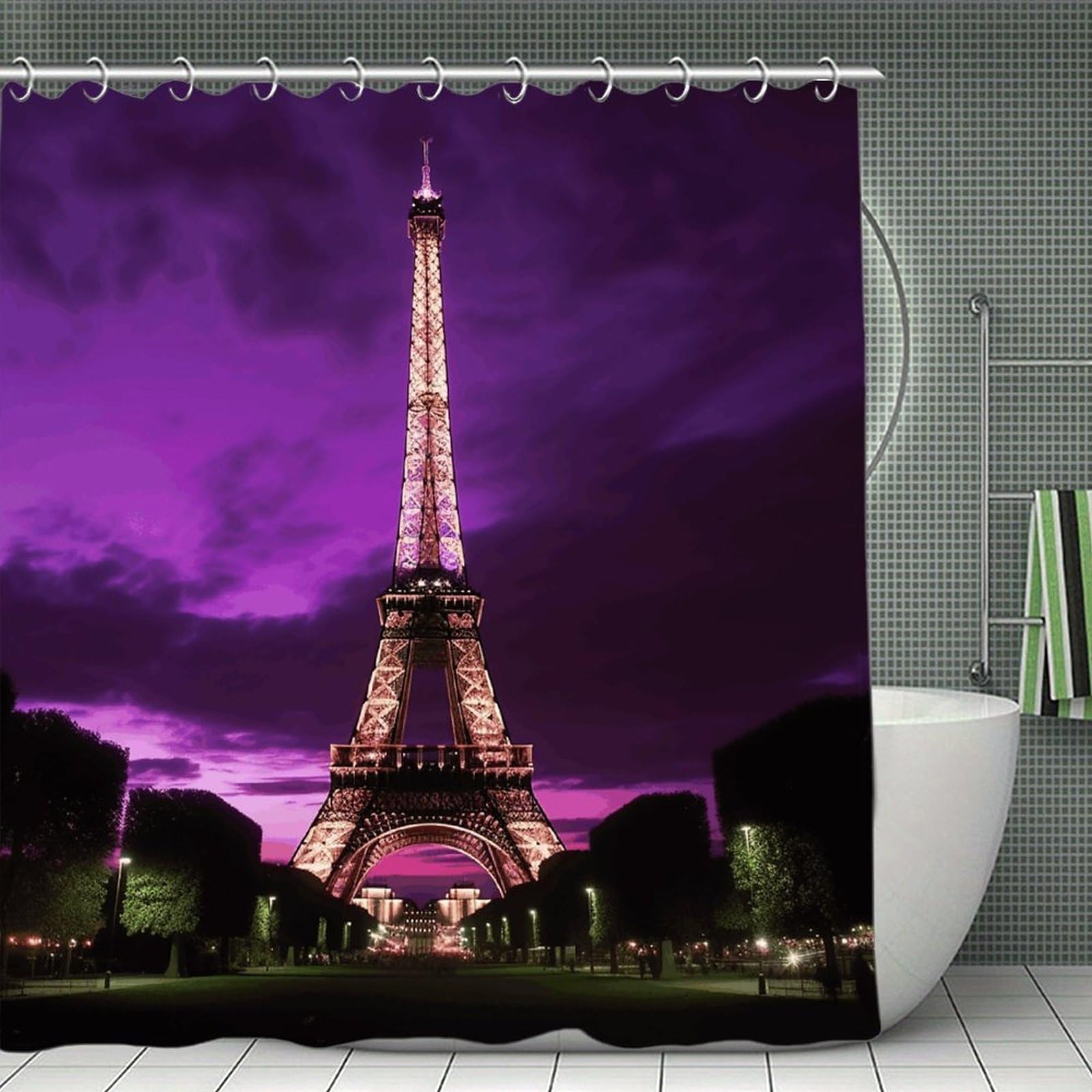 FekiLoot Purple Eiffel Tower Shower Curtain Thick Weighted Shower Curtain Classic Unique Bath Curtains Heavy Duty Long Showers Curtains for Bathroom Bath Tubs Machine Wash 70.8"x70.8"