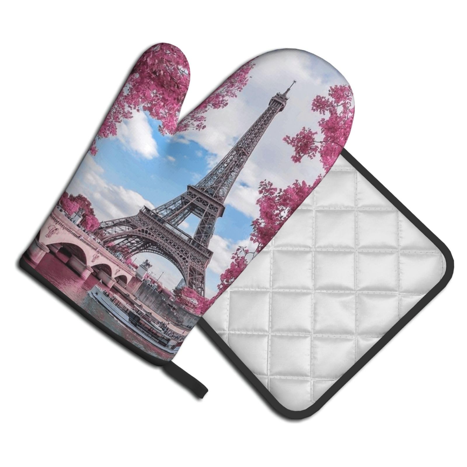 Oven Mitts and Pot Holders Set of 2 Pcs, Style Eiffel Tower Paris Printed Heat Resistant Kitchen Gloves Potholders for Cooking Baking Grilling