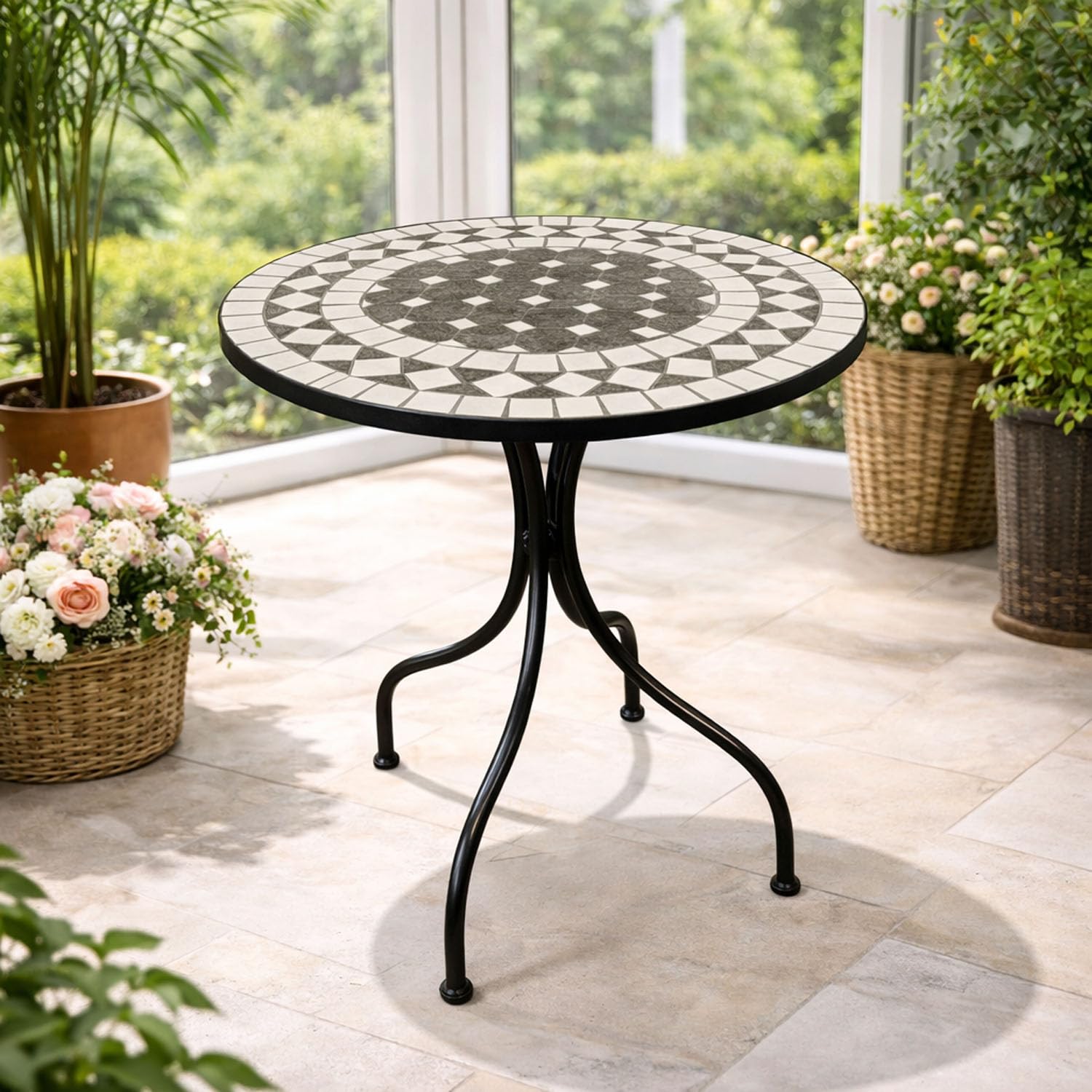 Dekorativer mediteraner Mosaik Tisch Kreis Design Mosaiktisch Gartentisch Gartenmöbel Bistrotisch 60 x 70cm Anthrazit/Grau Rund