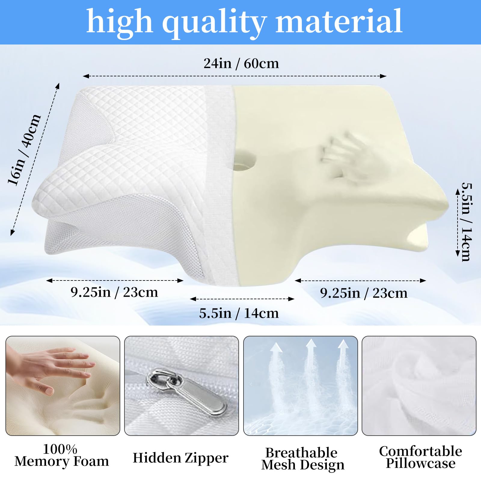 AsBellt Cervical Neck Pillow, Ergonomic Memory Foam Pillows for Neck Pain Relief with Removable Pillowcase, Contour Neck Support Pillow for Side, Back & Stomach Sleepers(White) — view 3