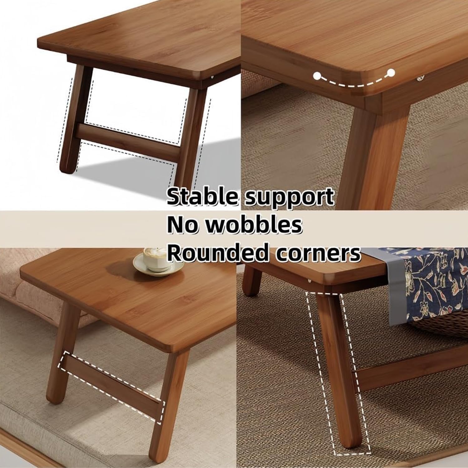 Mesa de Tatami Rectangular Plegable de Bambú, Centro Japonesa Pequeña, Baja Portátil Multifuncional para Salón, Sala de Estar, Balcón, 57 x 34.3 x 22.3cm