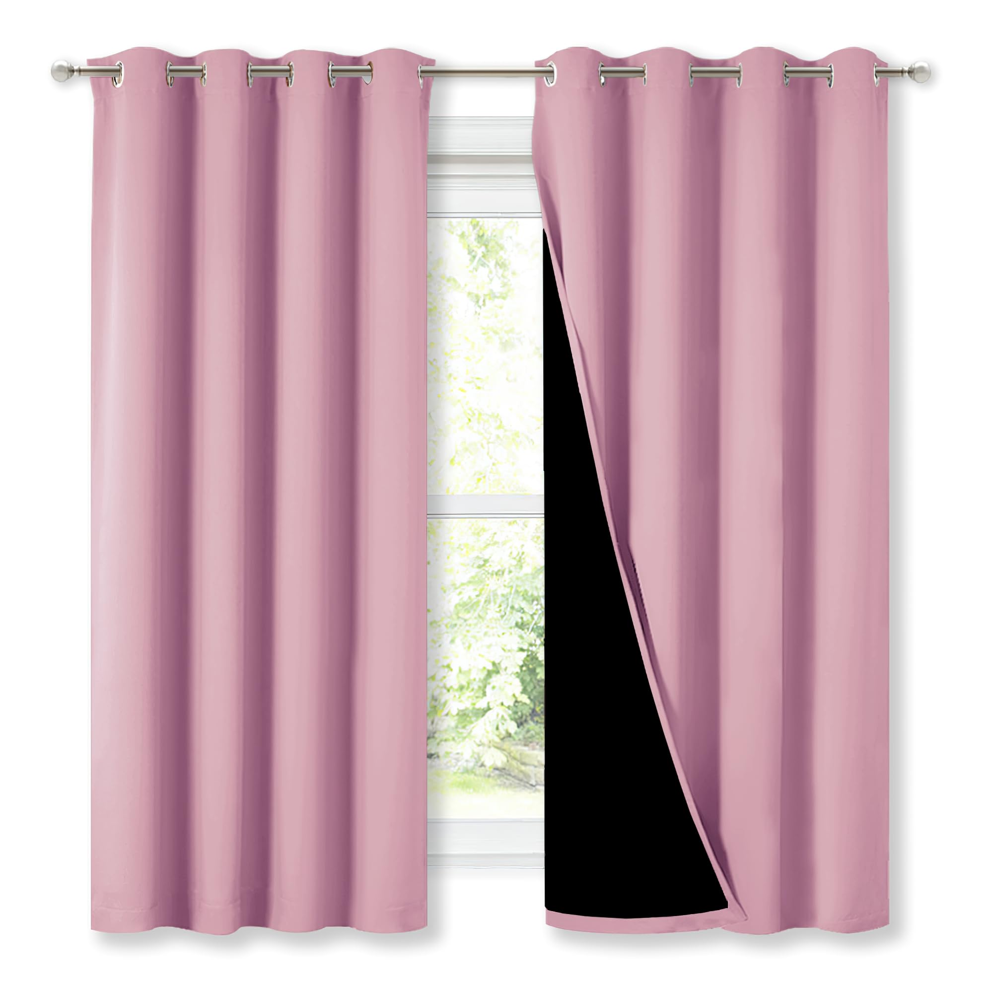 NICETOWN 100% Blackout Curtains with Black Liners, Thermal Insulated Full Blackout 2-Layer Lined Drapes, Energy Efficiency Window Draperies for Bedroom (Crystal Pink, 2 Panels, 52-inch W by 63-inch L)