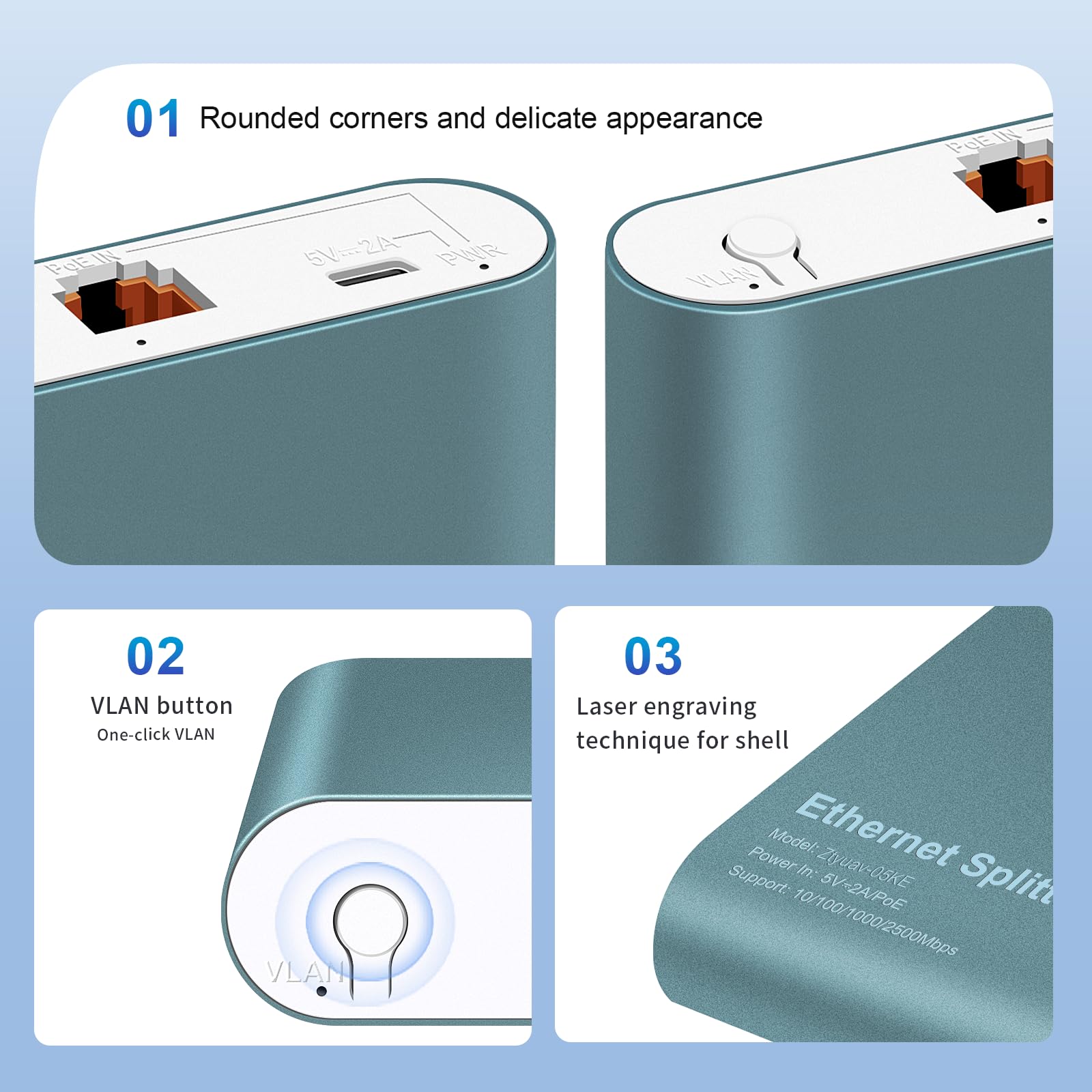Répartiteur Ethernet 1 à 4 avec entrée POE 2,5 Gbit/s, commutateur réseau 5 ports 2,5 Gbit/s et câble d'alimentation de type C pour câble Cat5/5e/6/7/8, boîtier en aluminium, Plug and Play pour
