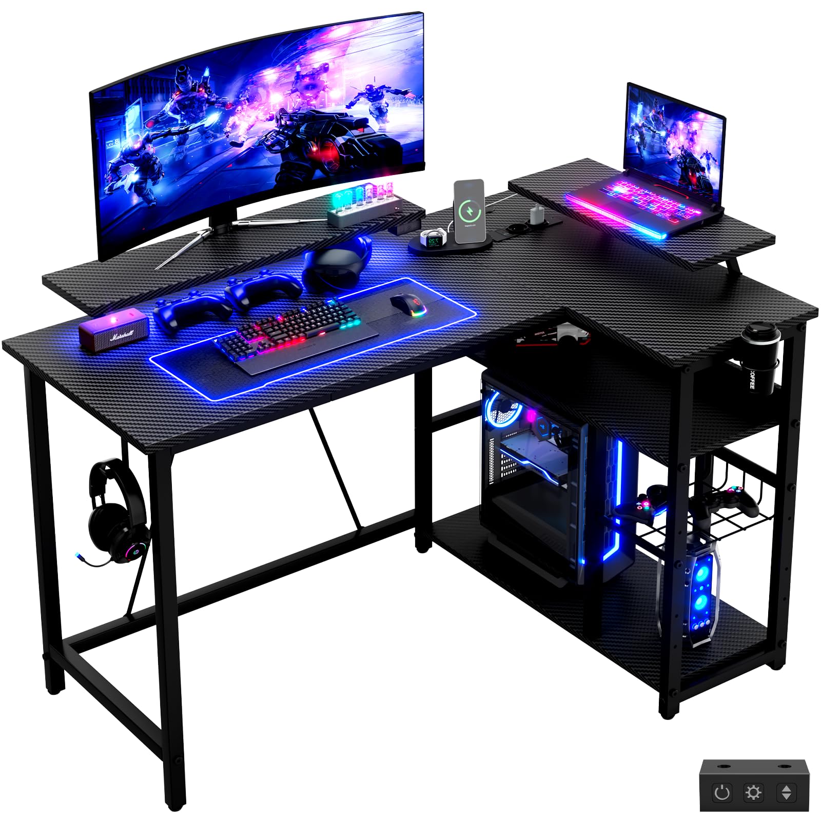 Devoko Bureau Gaming, L-Shape 120x80cm avec Double Support Écran, LED, Plateau Réglable et Fibre de Carbone Noir