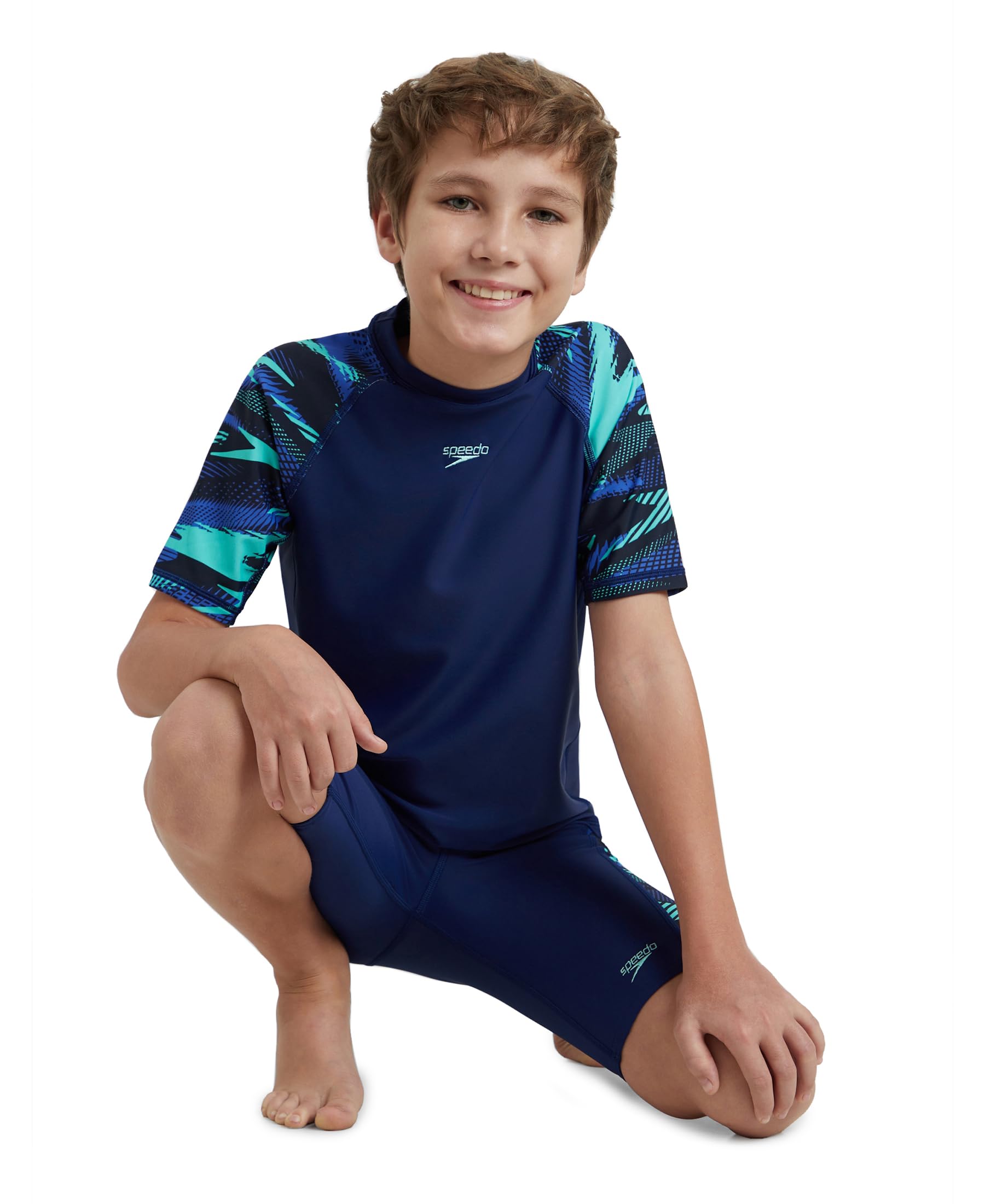 Speedo Boy's Endurance10 Hyperboom Print Short Sleeve Suntop - Harmony, True Navy & Cobalt