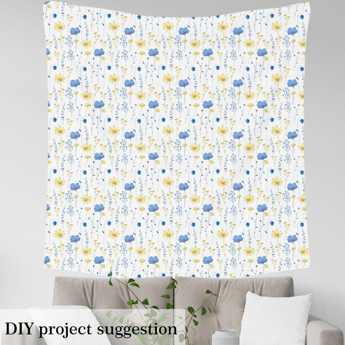 Erosebridal Watercolor Floral Fabric by The Yard Blue Yellow Upholstery Fabric Modern Minimalist White Waterproof Outdoor Fabrics Flower Branches Pastoral Decor for Quilting Sewing DIY Craft, 3 Yards