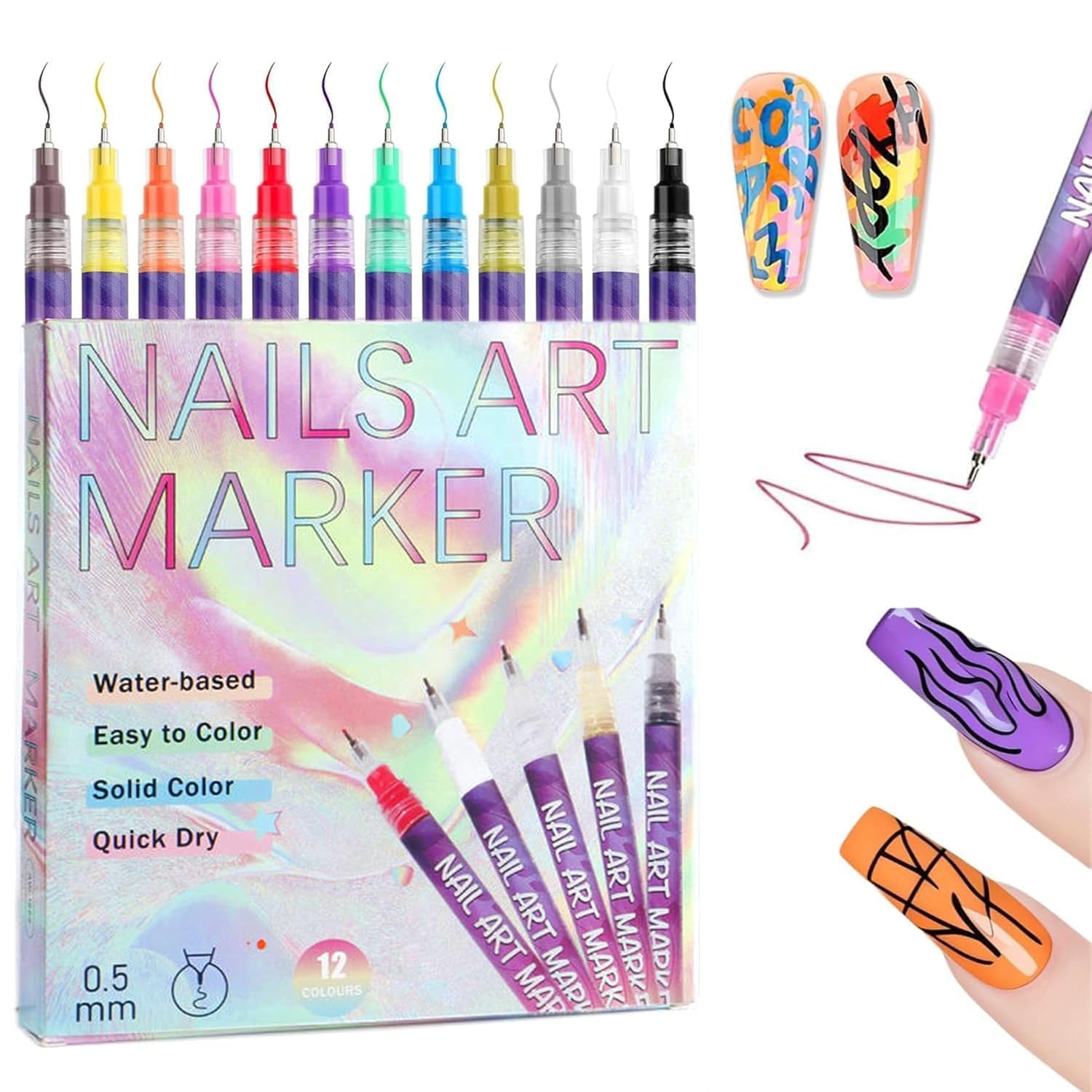 maruti store 12 Colors DIY Nail Art Pens Set – 0.5mm | Ultra Fine Tip Nail Art Marker Pens | Quick Dry Waterproof Nail Polish Pens for DIY Nail Art Kit for Women, Girls & Kids (Beginner Friendly)-image-7