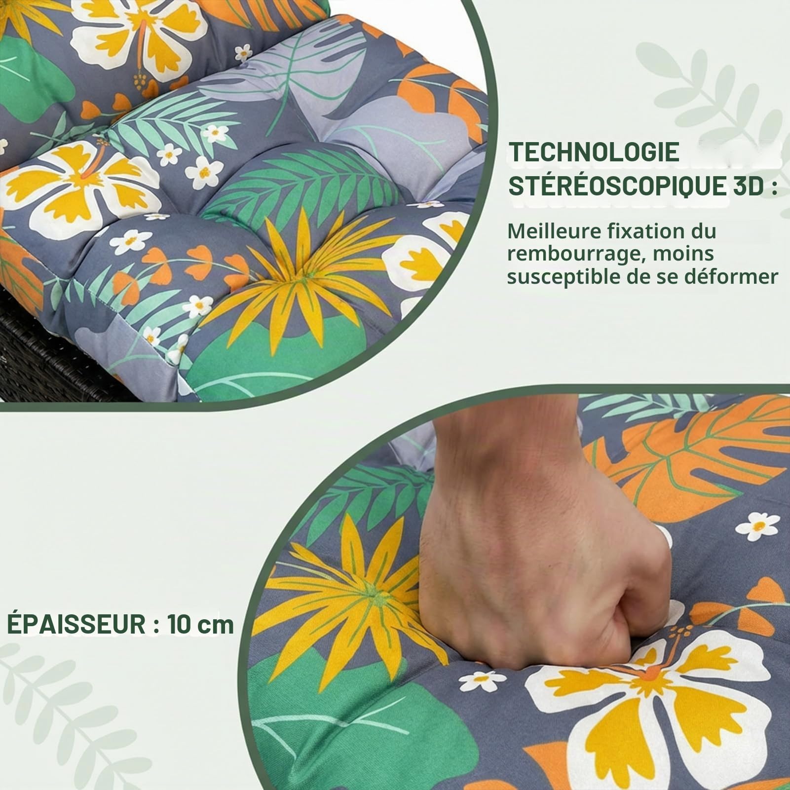Coussin pour chaise longue d'extérieur : 183 x 53 cm - Imperméable - Avec sangles de maintien - Épaisseur - Pour chaise longue - Pour transat - Balcon et piscine - Fleur