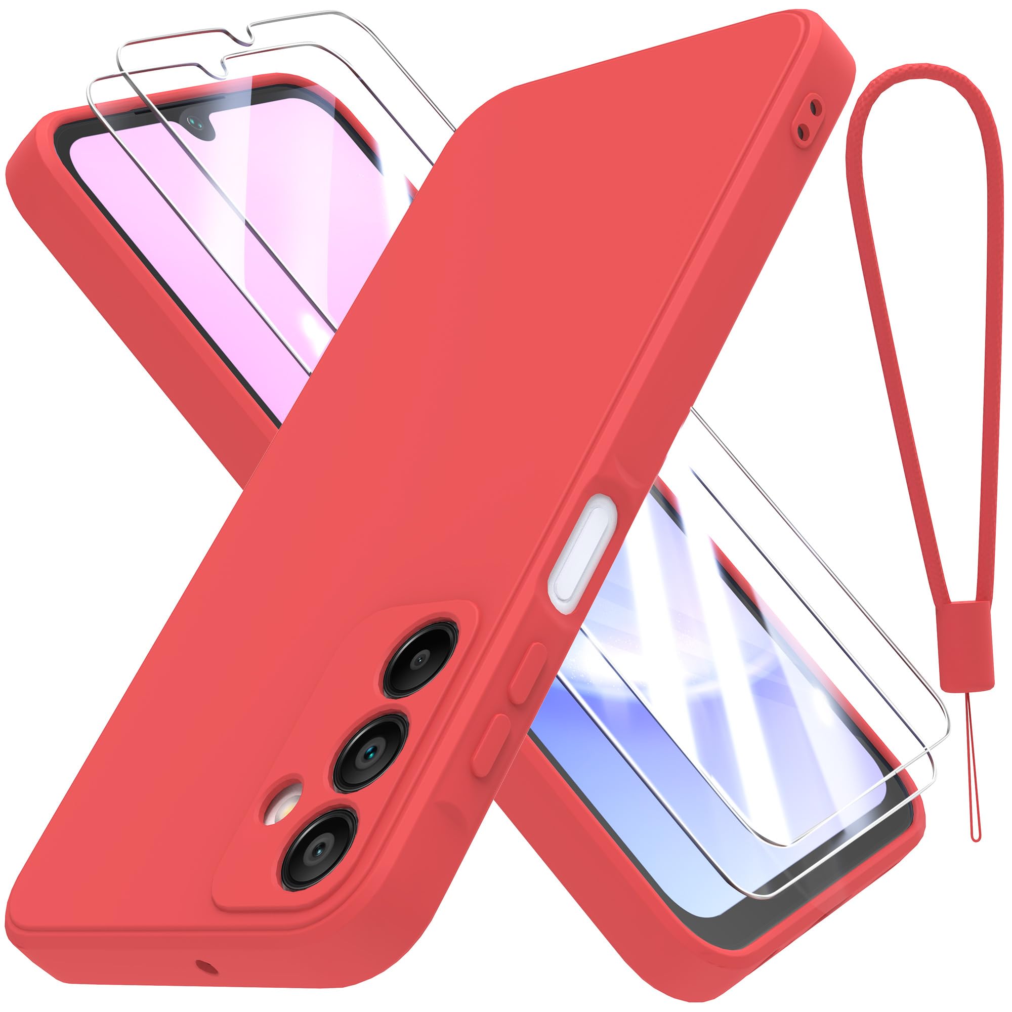 THIYUFUNS Cover per Samsung Galaxy A15 4G / 5G (6.5") con 2 Pezzi HD Vetro Temperato Pellicola Protettiva,Liquid Silicone TPU Custodia 360 Antiurtfio Gradi Cover per Samsung Galaxy A15 - Rosso