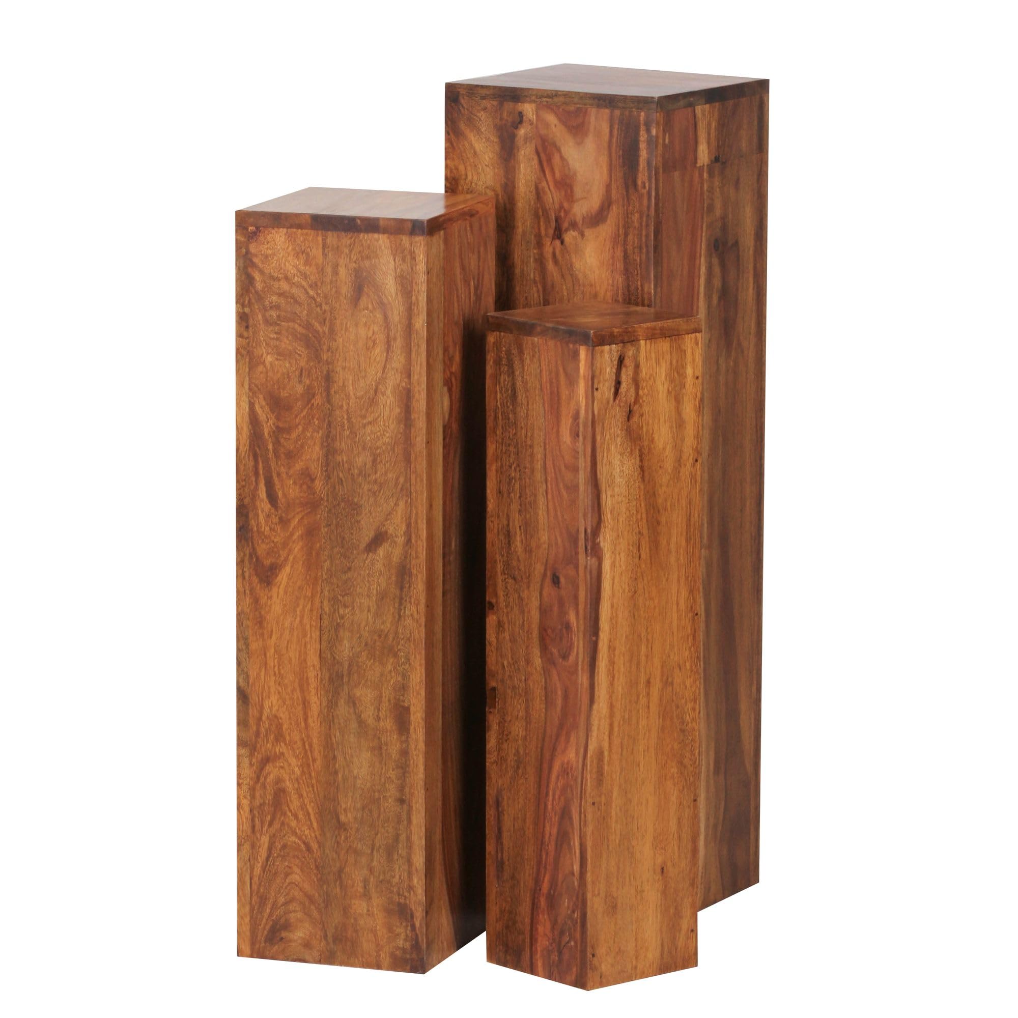 FineBuy Beistelltisch 3er Set Sheesham Massivholz, Säulentisch