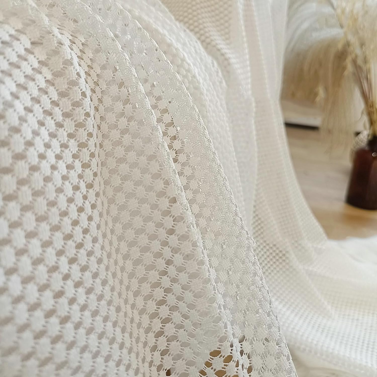 Daesar Window Curtains 2 Panel Sets, Polyester Rod Pocket Transparent Curtains 55" W x 85" H Drapes Solid Color Hollow Lace Round Dots Beige Tulle Curtains for Bedroom Living Room