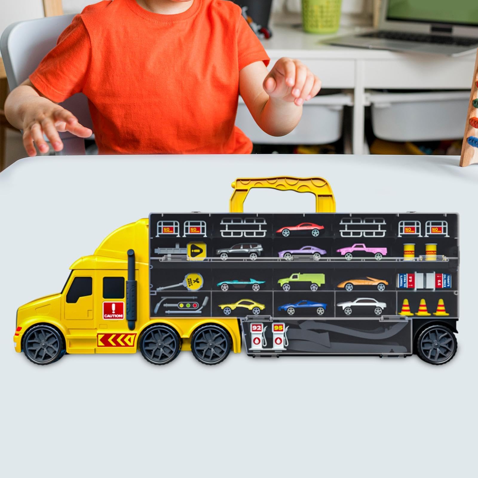 Transportträger-LKW-Spielzeugset, Hauler-Track-Ejection-Auto-Transport-LKW-Spielzeug für 2-, 3-, 4-, 5- und 6-Jährige, Gelb