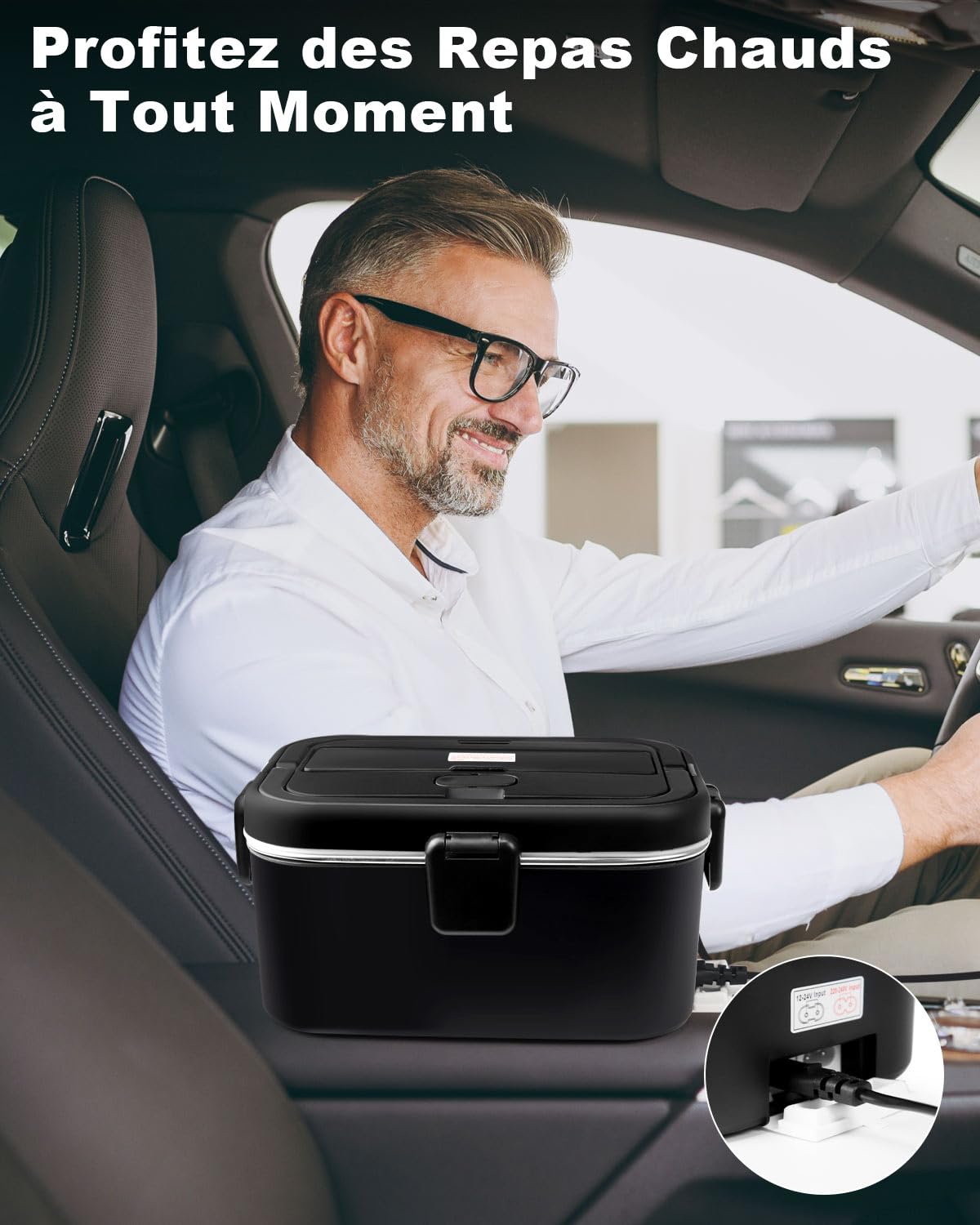 AUTOPkio Gamelle Chauffante 1,8L 80W, 12V 24V 220V Boîte à Lunch Electrique avec Sac Acier Inox Fourchette Cuillère pour Voiture Camion Bureau (Noir)
