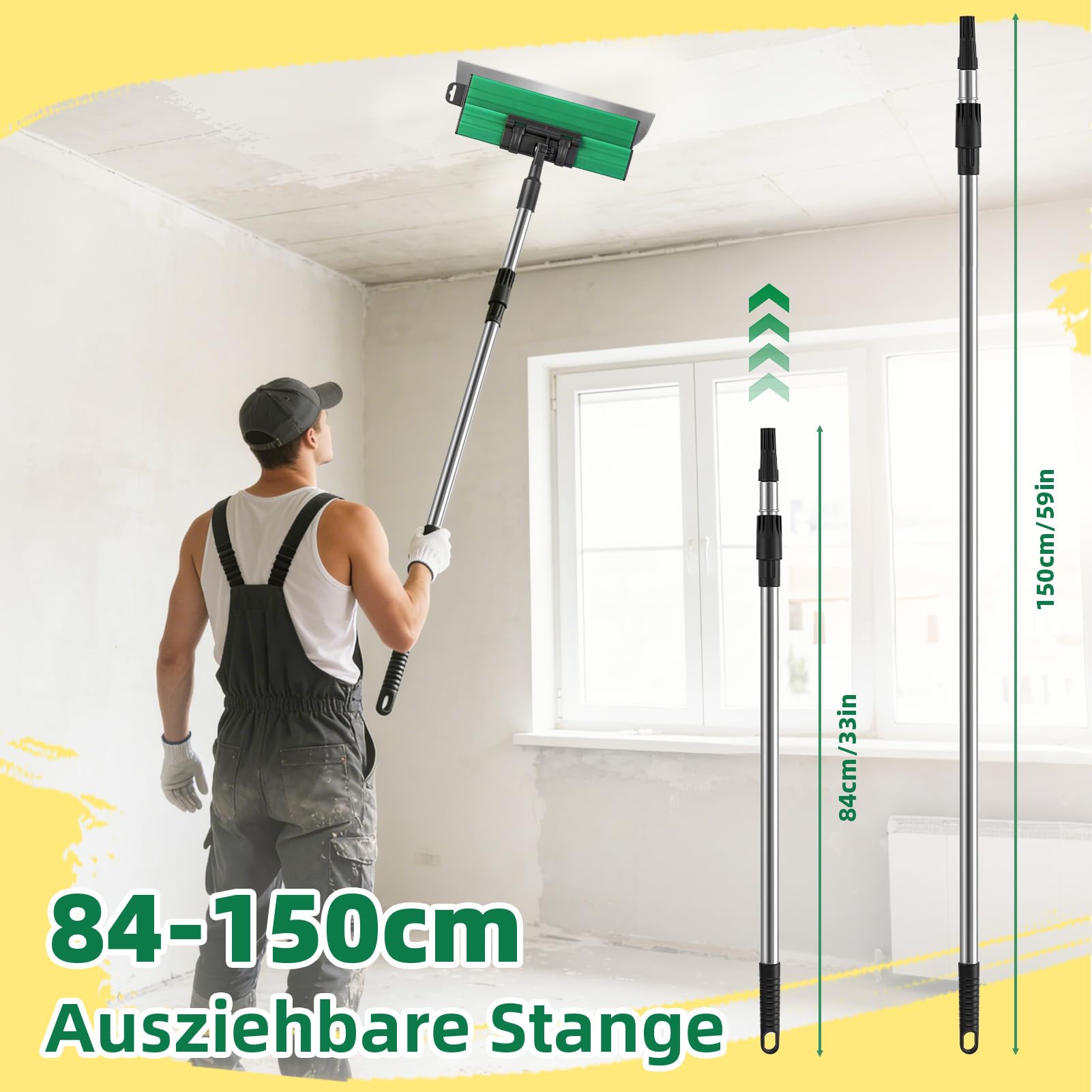 Flächenspachtel Set 4-teilig 25/40/60/80 cm mit Teleskopstange (84-150 cm) – Edelstahl Glättspachtel für Trockenbau, Putz, Wand & Decke – inkl. 3 kleinen Spachteln für Ecken & Fugen