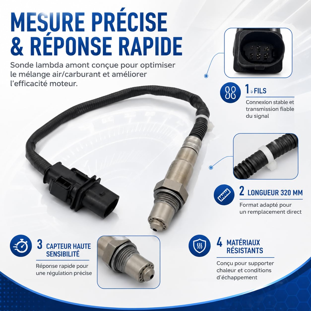 Capteur d’Oxygène Sonde Lambda Amont 0258017217 5 Fils 320mm Compatible avec Citroën C3 C4 C5 DS3 DS4 Compatible avec Peugeot 207 208 308 508 2008 3008 5008 Compatible avec Mini R55 R56