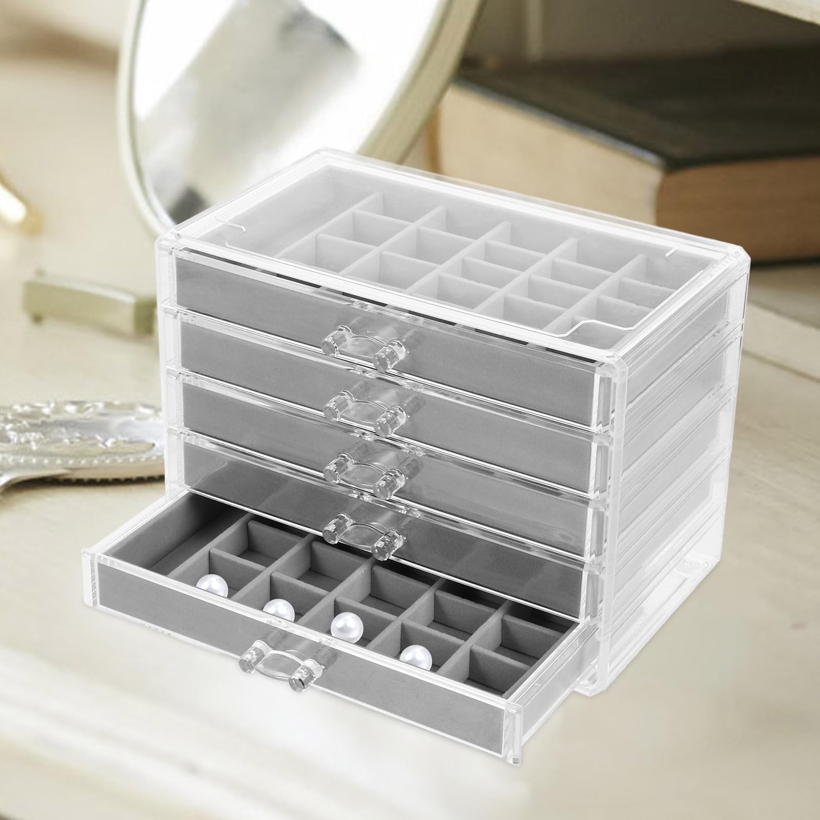 Organizador de Joyas y Diseño Multilayer con 5 Cajones de Acrílico Bandeja para Joyas Almacenamiento Multifuncional para Cajones para Escritorio Elegante