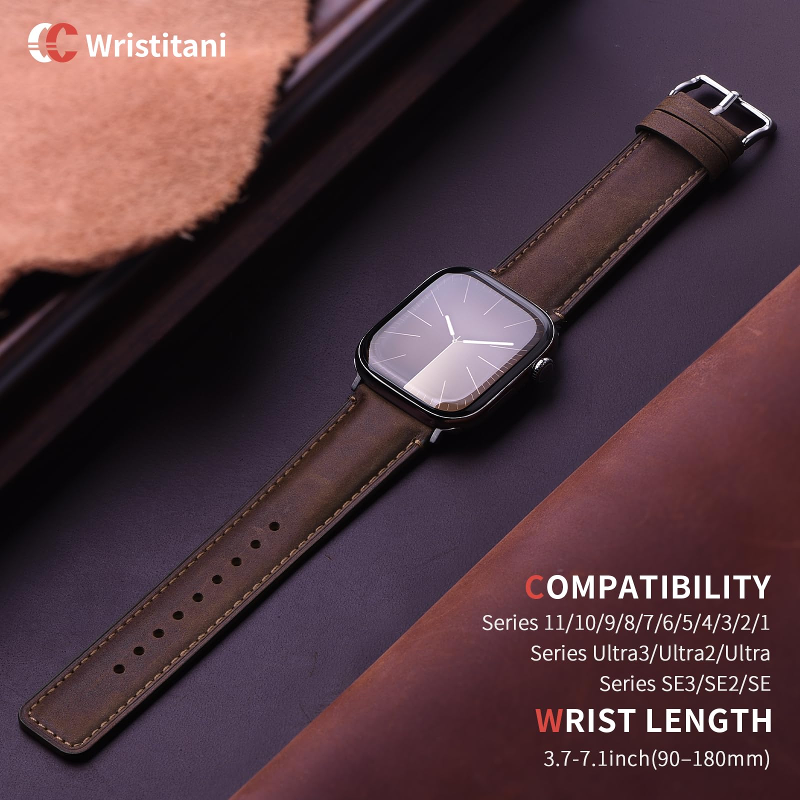 Wristitani Skórzany pasek kompatybilny z Apple Watch 44 mm, 45 mm, 46 mm, 42 mm, 49 mm, 41 mm, 40 mm, 38 mm, dla mężczyzn, prawdziwa skóra, zapasowy pasek do iWatch Ultra 3, 2, 1, SE3/2/1, Series 11