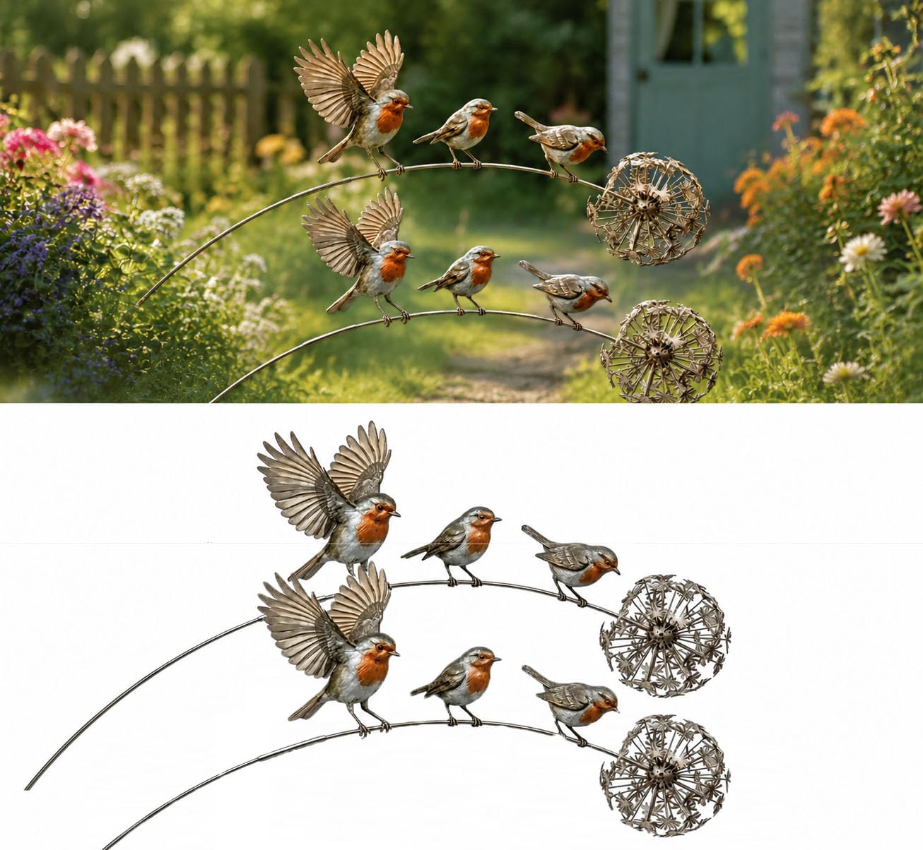 Robin Garden Stake, Rustic Robin Bird Yard Art Decorations with Dandelion Accent, Outdoor Bird Sculpture for Lawn Patio Flower Beds Backyard, Sympathy Memorial Decor Gift(2PC)