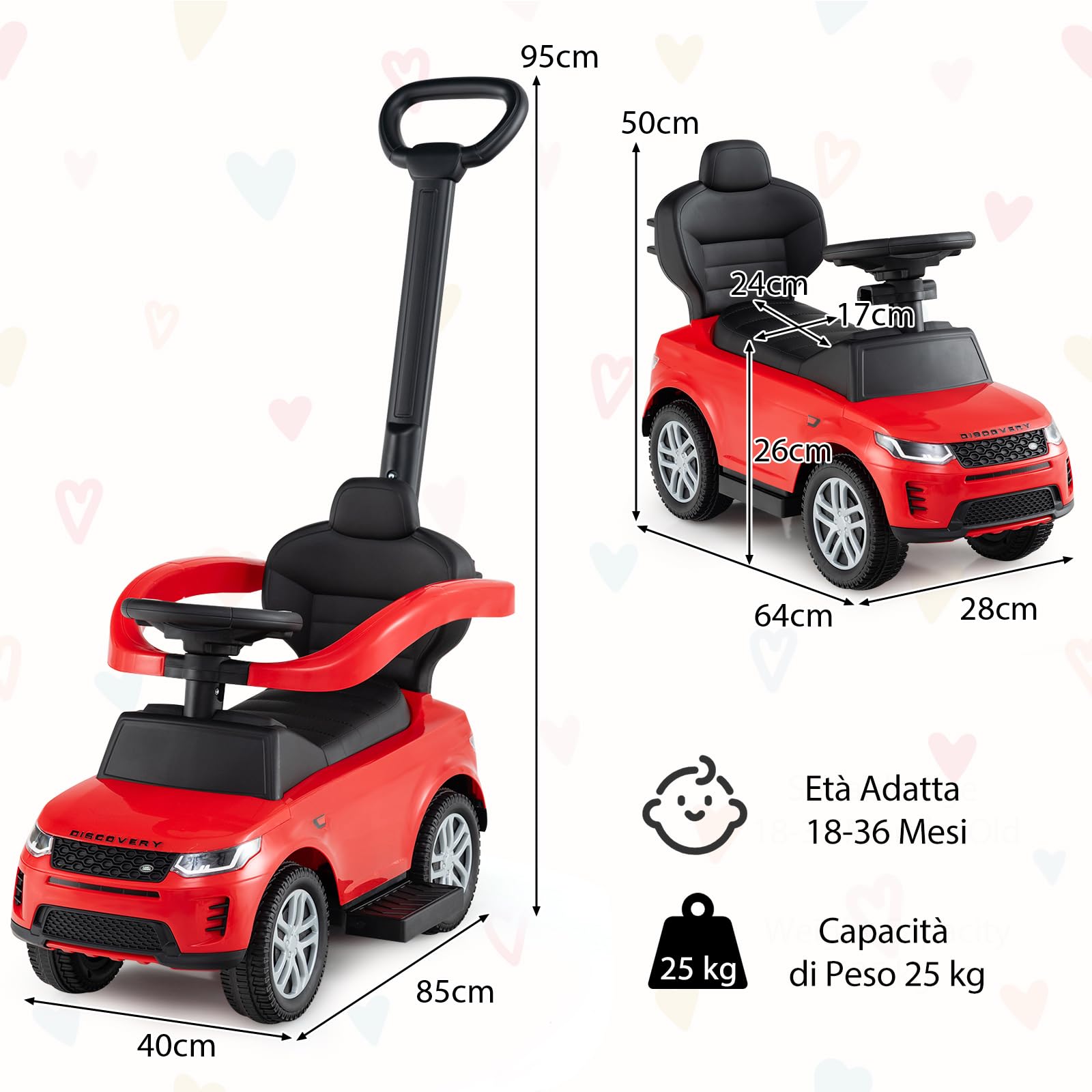 RELAX4LIFE 3-in-1 Auto a Spinta/Passeggino per Bambini/Carrozzina Scorrevole con Maniglione Rimovibile e Pedana Retrattile, Barra di Scorrimento e Portaoggetti Nascosto, 1-3 Anni (ROSSO)