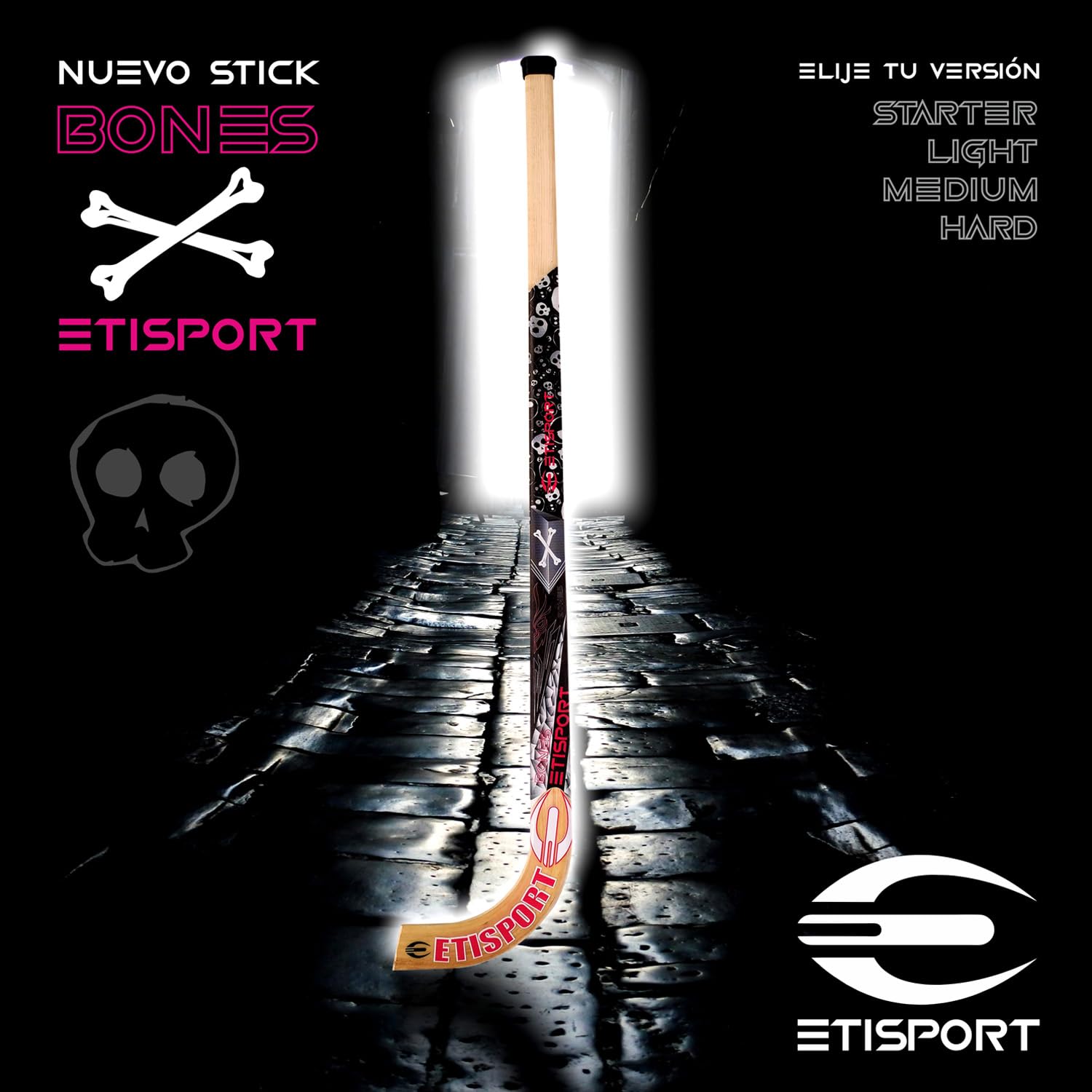 Stick de Hockey Patines ETISPORT Bones diseño Exclusivo. Pídelo en la versión y dureza Que te guste: Starter, Light, Medium, Hard. Exhibe tu Estilo. (Light)