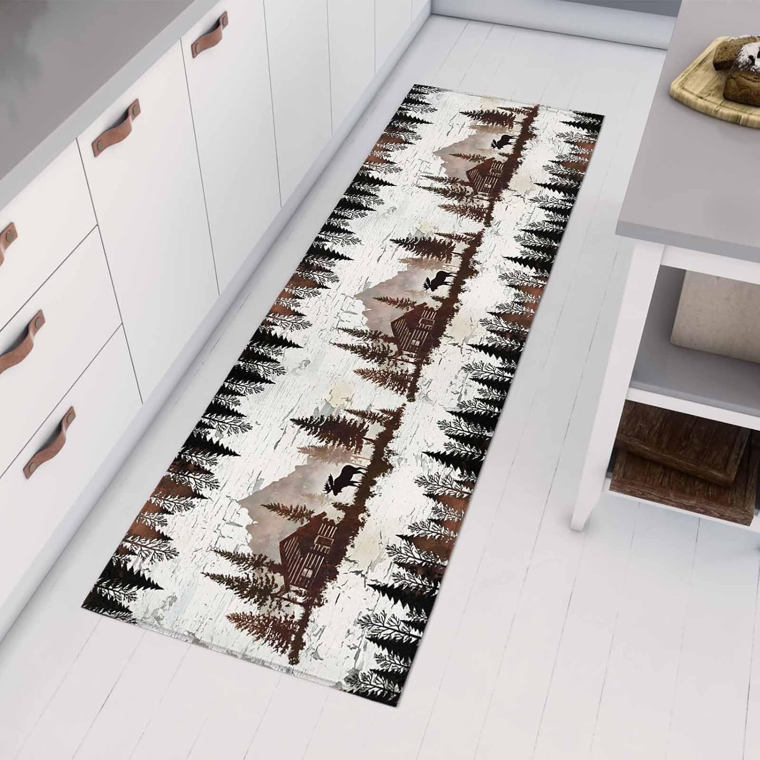 Kitchen Mats for Floor Black Deer Forest Wooden House Washable Non Slip Kitchen Rugs 1PCS, Abstract Mottled Texture Absorbent Standing Mats for Sink Bathroom Office Living Room 23.6x70.9in