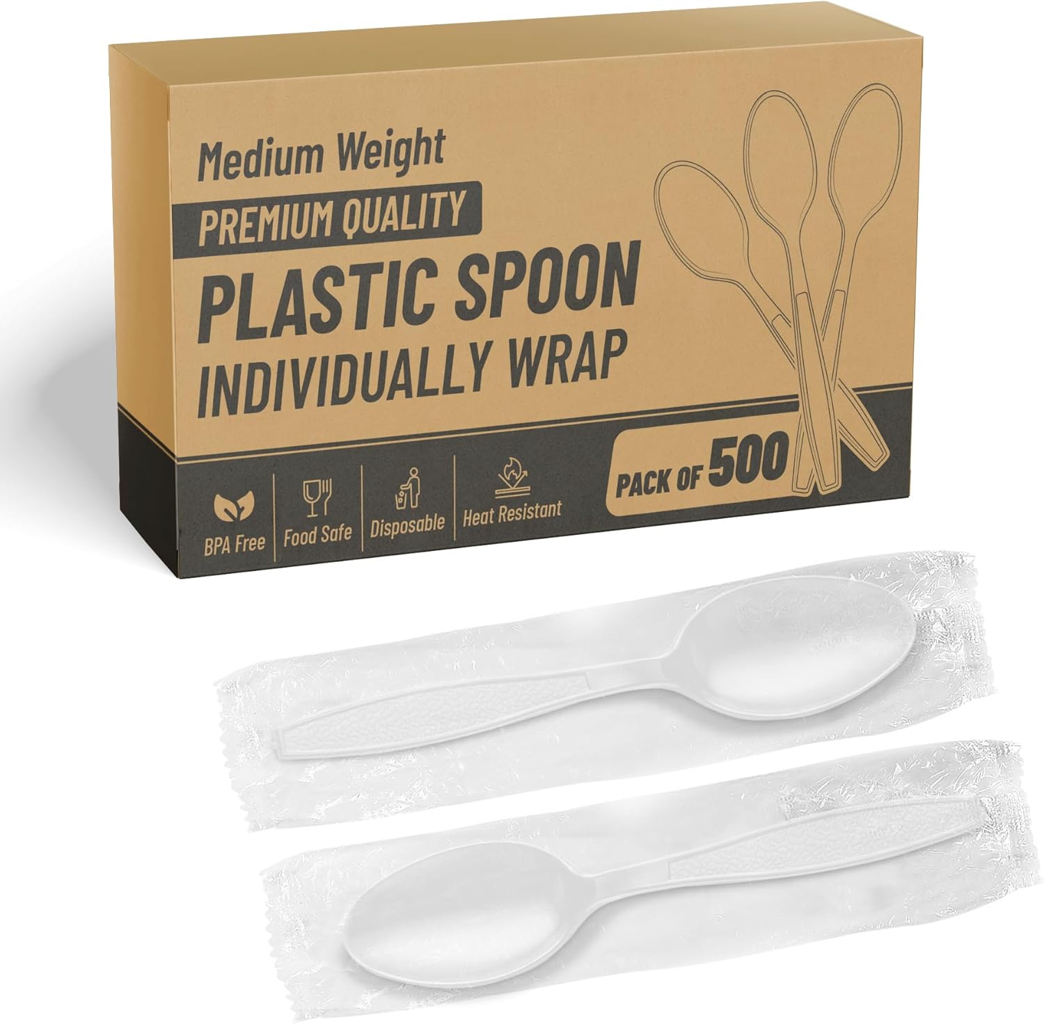 Individually Wrapped Black Spoons 2000 Pcs (4 Box of 500) - Medium Weight - Ideal for House Party, Backyard BBQ, Picnic, Home, Use.……
