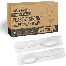Individually Wrapped White Plastic Spoons 500 Pcs- Medium Weight - Ideal for House Party, Backyard BBQ, Picnic, Home, Use.......