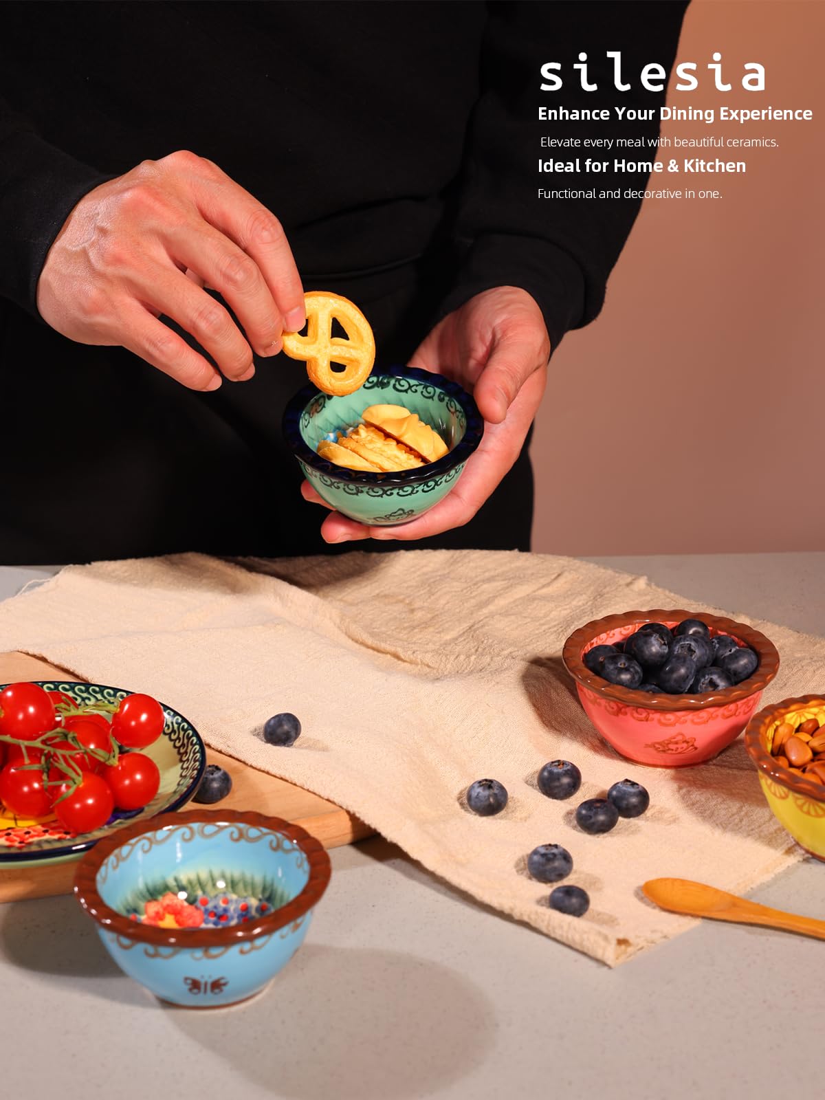 silesia - Juego de 4 vasos de cerámica hechos a mano de 3 onzas para pudín de crema brulee, cuencos pequeños pintados a mano para cocina, en caja de regalo, aptos para microondas y lavavajillas, 3.5