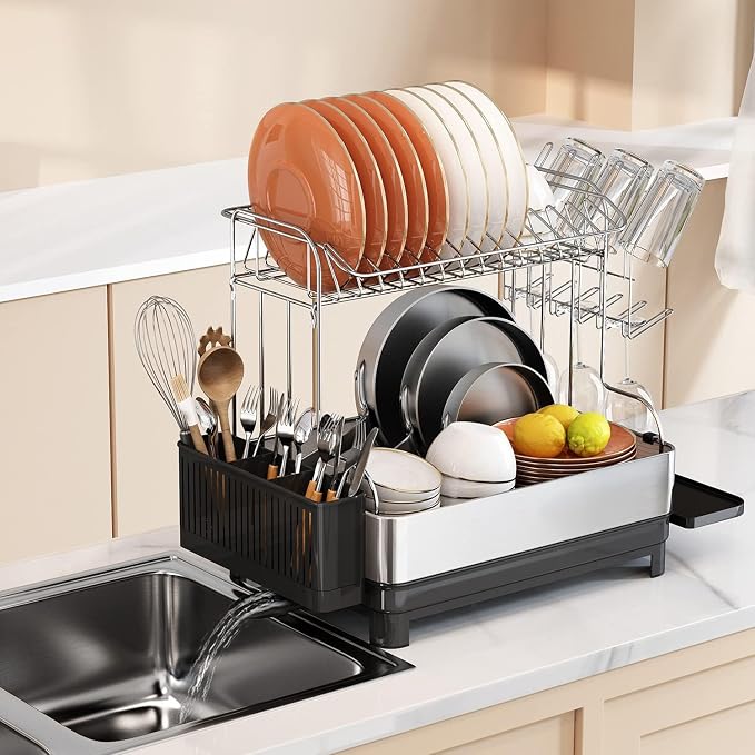 romision Dish Rack and Drainboard Set, 304 Stainless Steel 2 Tier Large Dish Drying Rack with Adjustable Drainage Spout, Dish Strainer for Kitchen Counter with Utensil Holder, Cup Rack, Water Tray