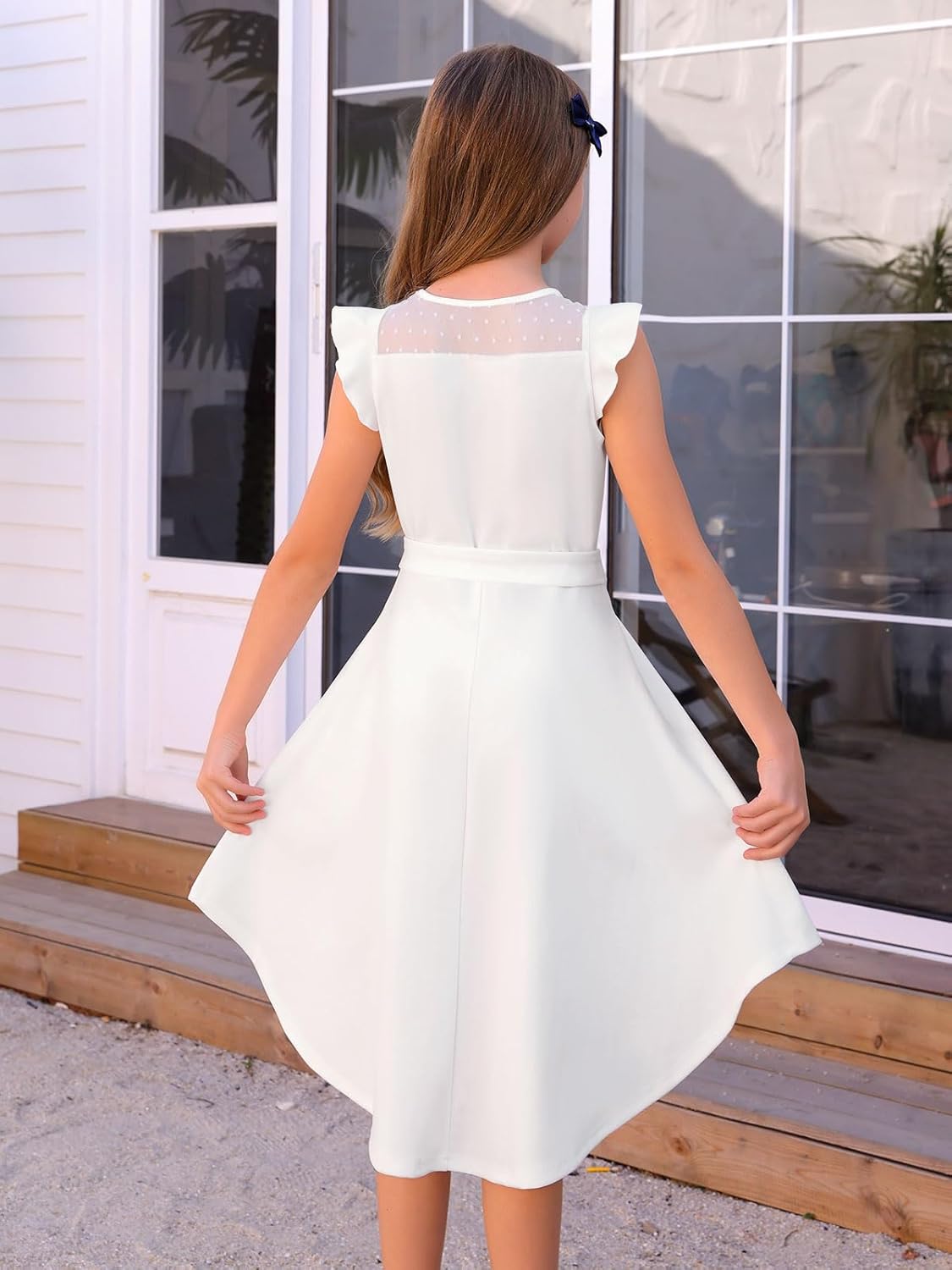 Girls Dresses Summer Ruffle Sleeve Mesh A Line Casual Party Dresses Belted Dress with Pockets 5-14 Years - Image 3