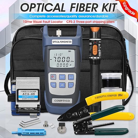 Fiber Optic Termination Tool Kit with FC, 9 in 1 Assembly FTTH Tool Kit, Optical Power Meter Finder, Visual Fault Locator, Cable Cutter Stripper, Optical Pliers