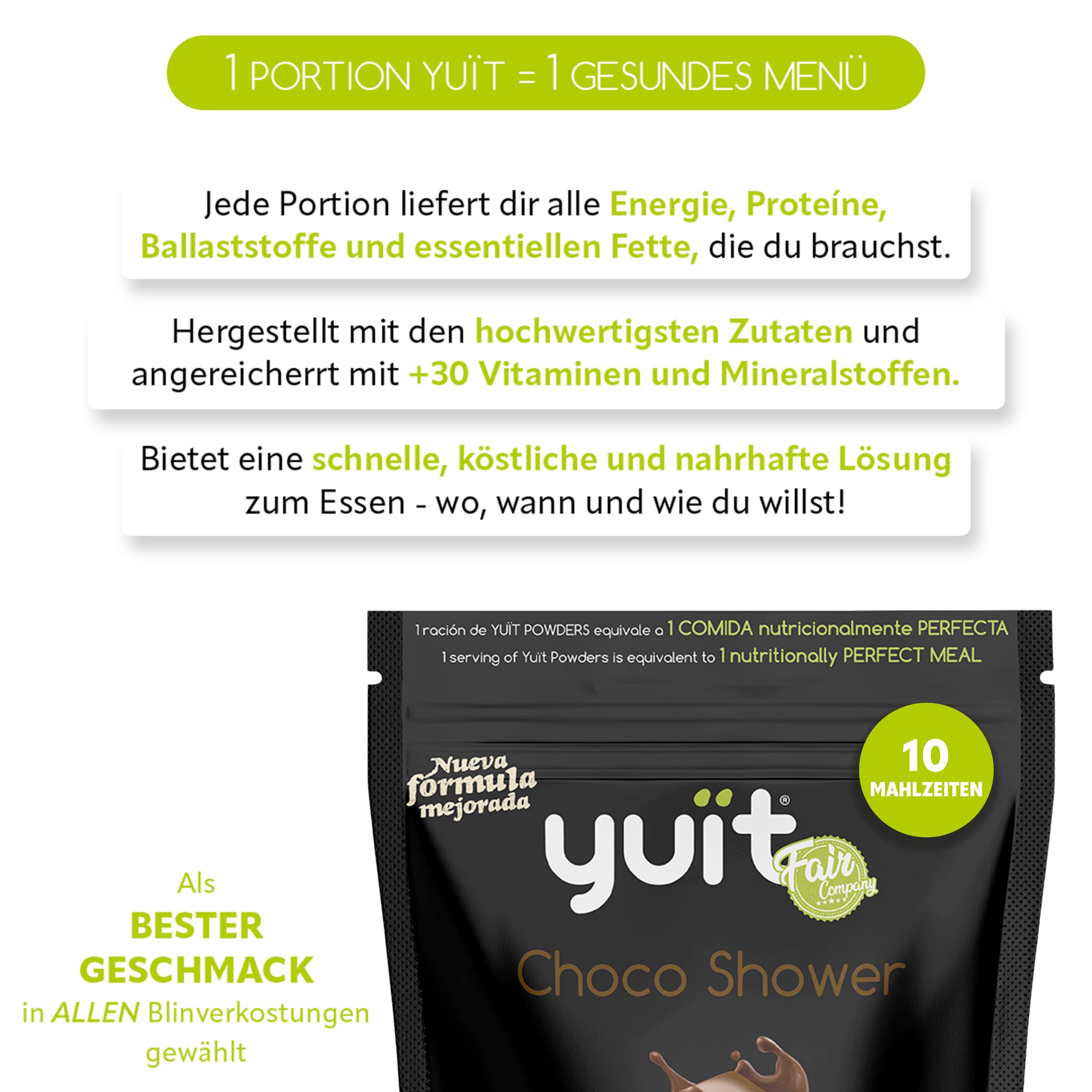 YUIT - Trinkmahlzeit in Pulverform mit 31 Vitaminen und Mineralien + Probiotika -Eiweißshake mit 35 g Eiweiß - Natürliche und echte Lebensmittel - Sättigender Mahlzeitenersatz (1kg-Schokolade+SHAKER)