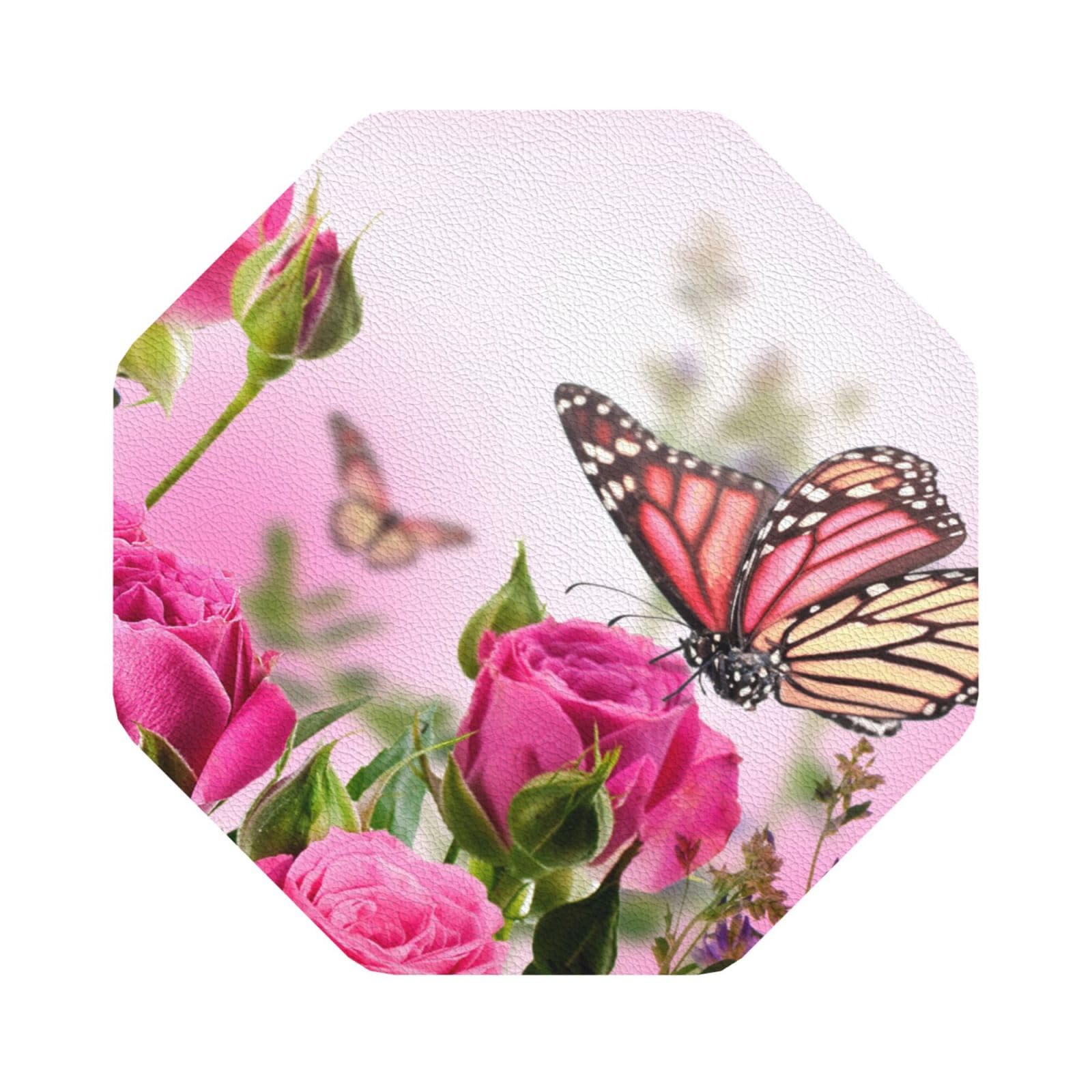 Butterfly kissing flowers PU Leather Coasters Set of 6 Octagon Drink Coasters
