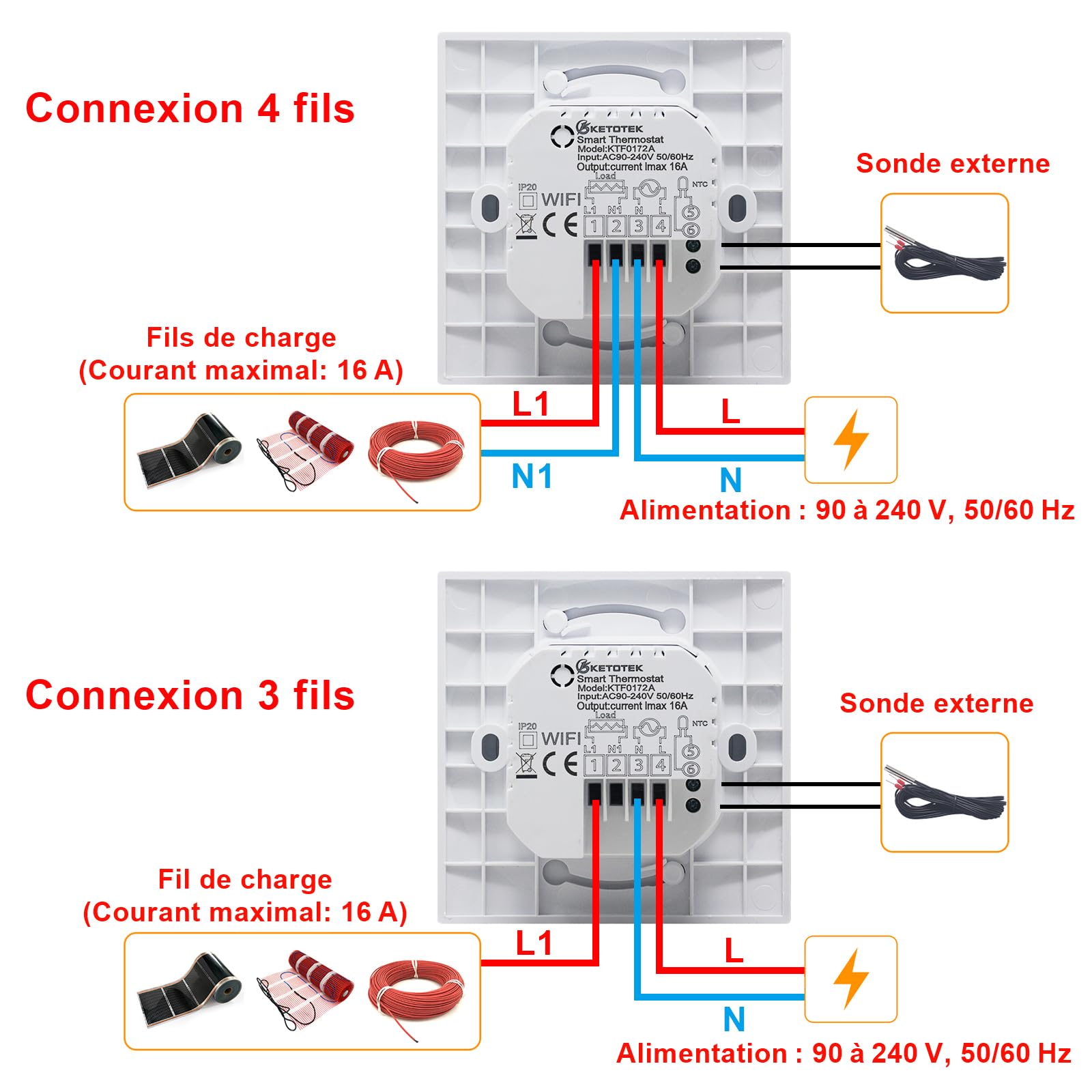 KETOTEK Thermostat Connecté WiFi pour Chauffage au Sol électrique 220V Noir | Intelligente Thermostat Ambiance Programmable pour Plancher Chauffant électrique 16A Compatible avec Alexa