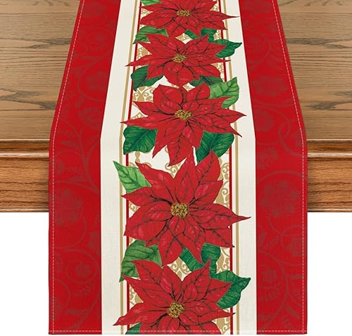 Artoid Mode Camino de mesa de Navidad con diseño de flor de pascua roja, decoración de mesa de comedor para fiestas en el hogar, 13 x 36 pulgadas