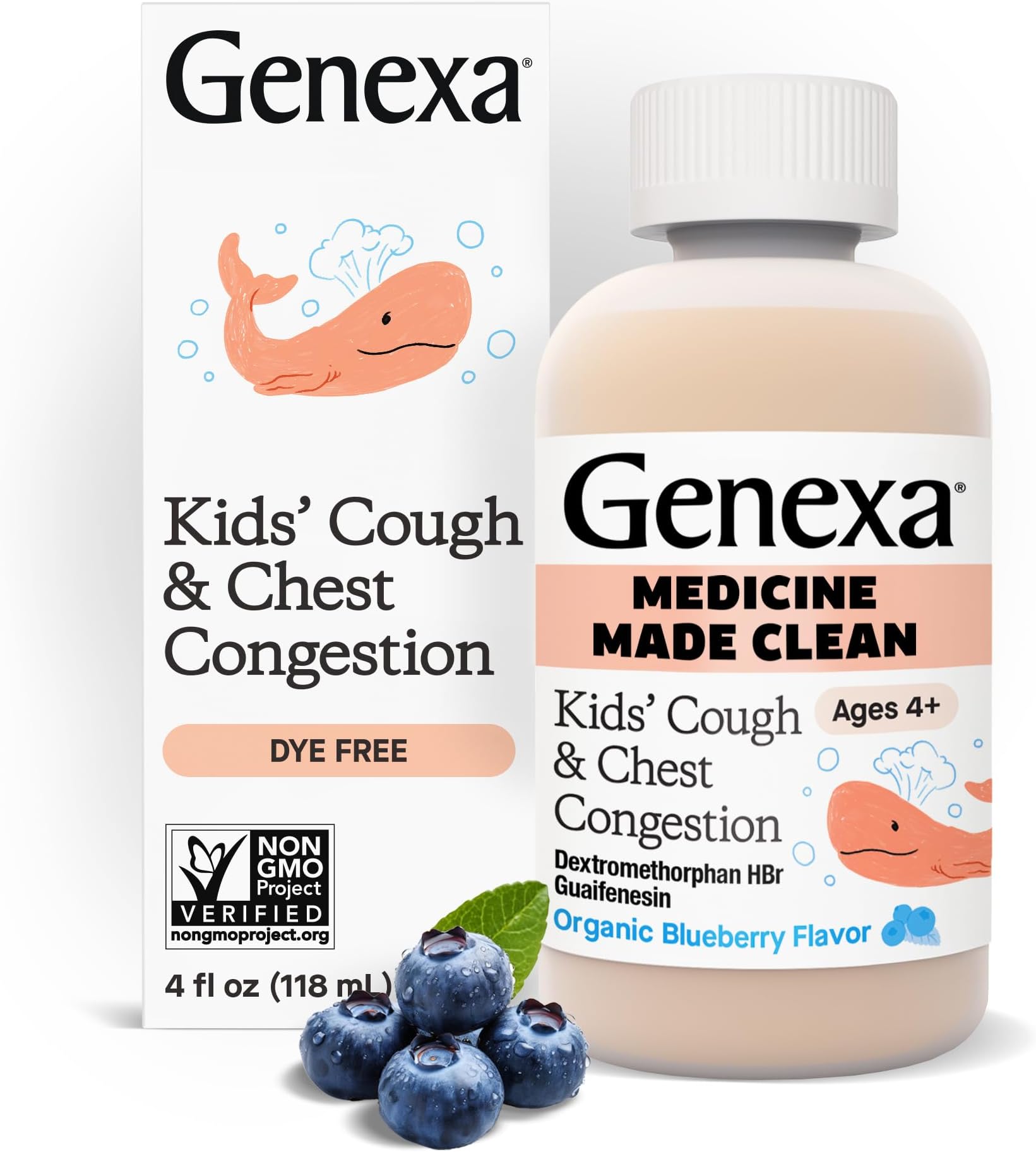 Kids’ Clean Cough & Chest Congestion Medicine, Dye Free, 0% Artificial Additives, Multi-Symptom Cough Syrup for Kids 4-11, Cough Suppressant & Expectorant, Organic Blueberry Flavor, 4 fl oz