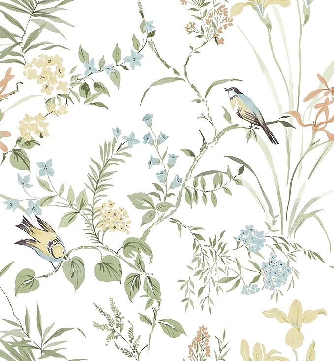 Boho Floral Peel & Stick Wallpaper | Green Birds & Flowers