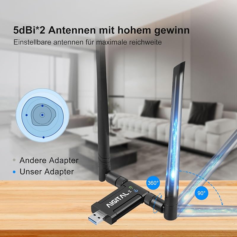 Aigital WiFi Adapter 1200 Mbit/s DualBand USB 3.0 - Vezeték nélküli hálózati vevő 2 antennával, dokkoló állomással laptophoz, PC-hez, Window