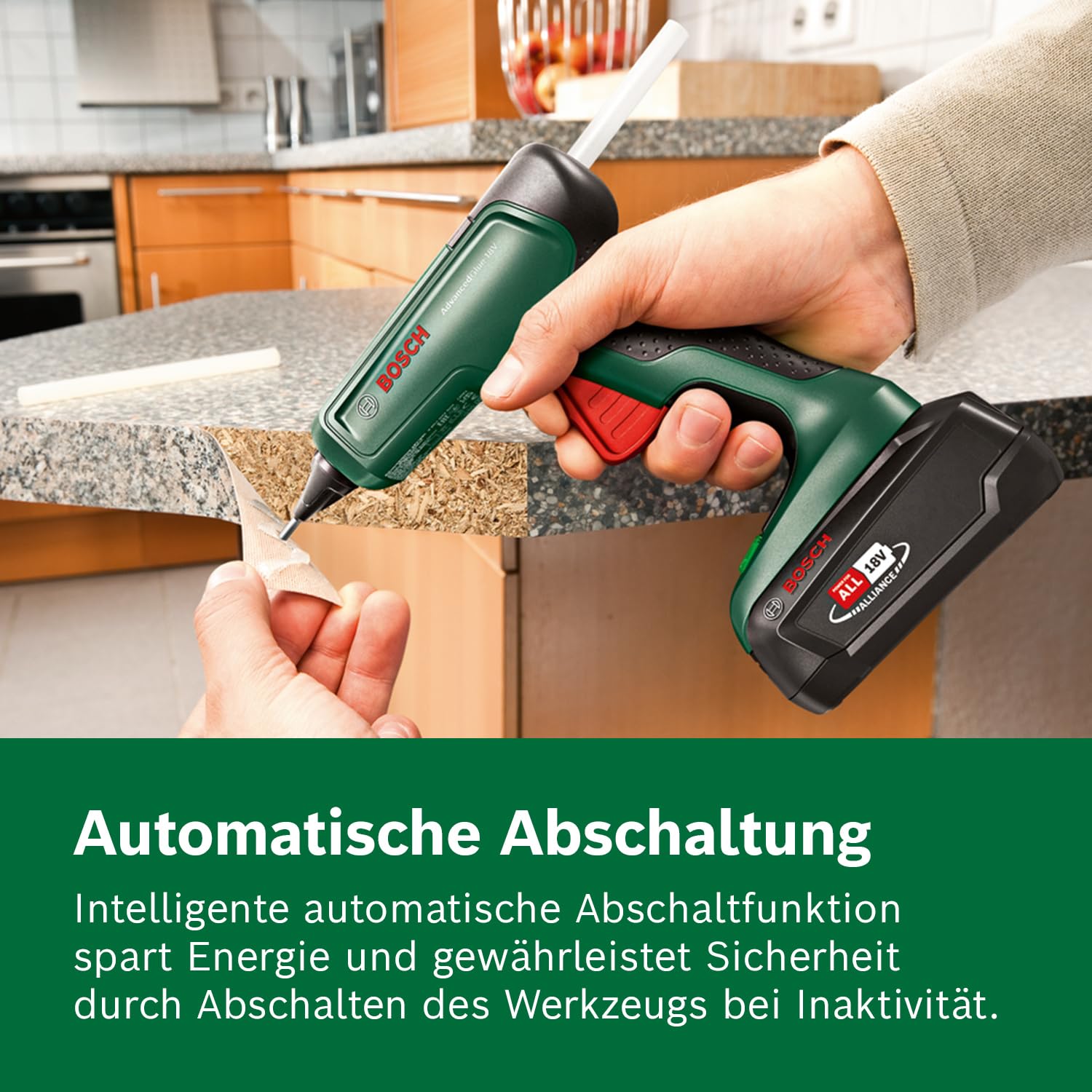Bosch Akku-Klebepistole AdvancedGlue 18V (ohne Akku; 18V System; 4X Klebestifte; Aufheizen in 90 Sek Dual-Temp-Modus 130°C - 200°C im Karton)