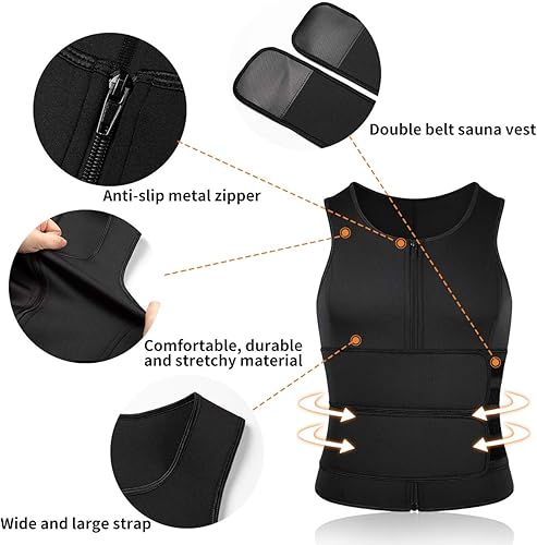 Miniatura 4 de SHAPERIN - Chaleco de neopreno para hombre, faja reductora efecto sauna, estilo camiseta sin mangas con zíper y dos cinturones