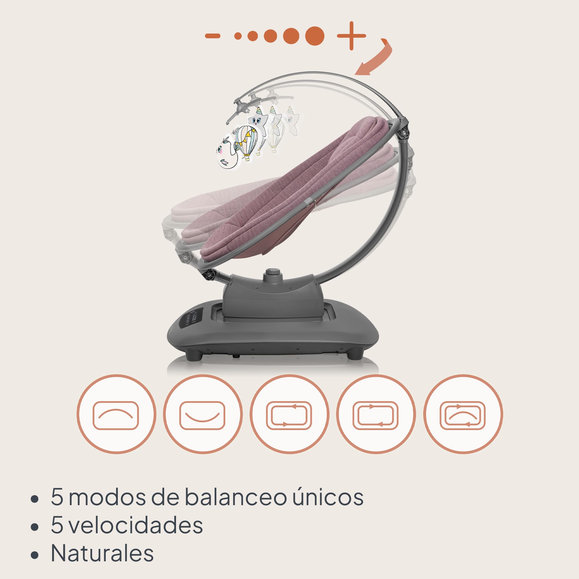 LIONELO BLOSSOM Hamaca bebé eléctrica hasta 9 kg Silla Mecedora para Bebé Respaldo Ajustable Balanceo natural 5 Velocidades Asiento Ergonómico Bluetooth Mando a Distancia, 5 melodías