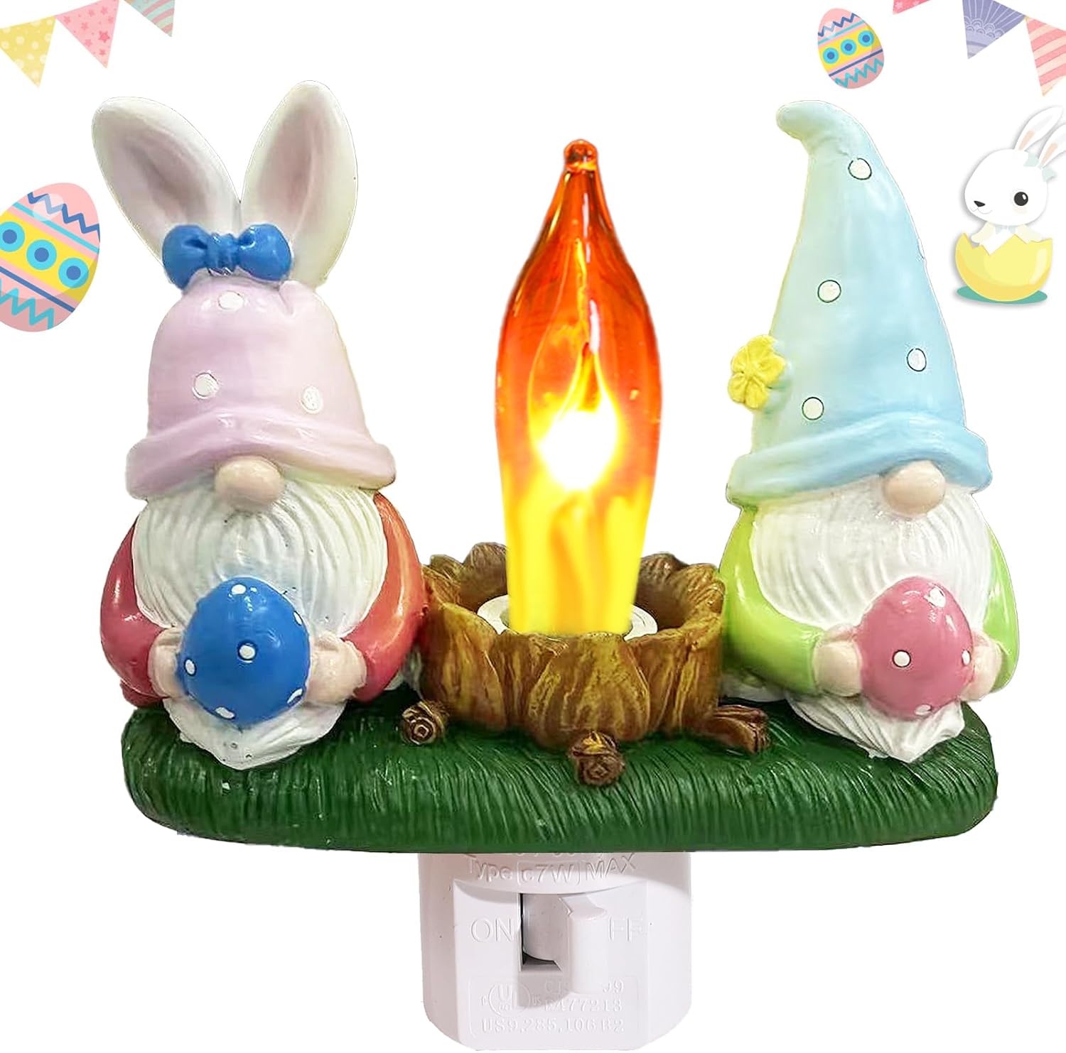Gnomes Campfire Flickering Nightlight, Rabbit Night Light Plug into Wall Easter Night Light with Switch, Gnomes Decorations for Home (Easter Gnomes)