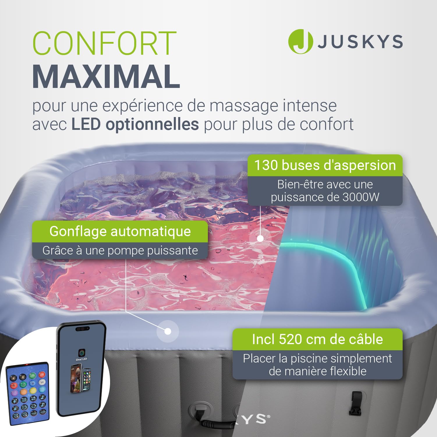 JUSKYS® Bain bouillonnant SpaLuxe – Structure extérieure, 130 Buses, Puissance Totale 3000 W, éclairage LED Gris/Bleu