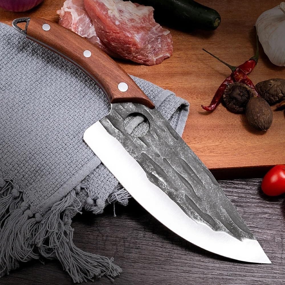 Meat Cleaver, 7.6 Inch Slaughter Boning Kitchen Knives Solid Wood Handle Butcher Finger Protection Cutlery Knife Fish Meat Knives