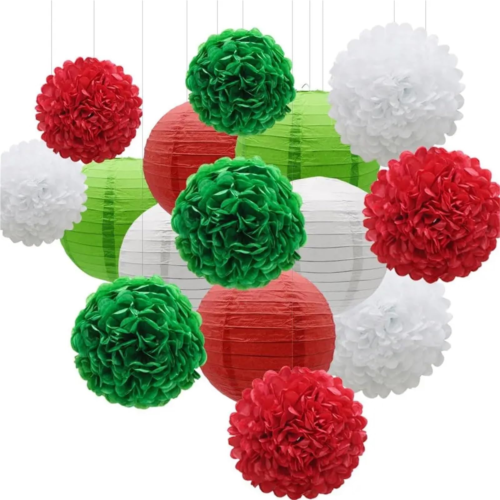 Paper Pompom 15Pack Green White Red Paper Flower Pompom Balls and Lanterns for Birthday Graduation