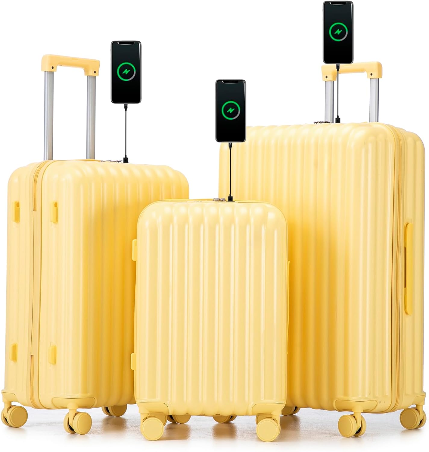 Campfun Luggage Sets 3 Piece, Carry On Luggage Set with Cup Holder and USB Port, Hardshell ABS Suitcase with TSA Lock Double Spinner Wheels Hook, Lightweight Suitcase 20/24/28in, Yellow